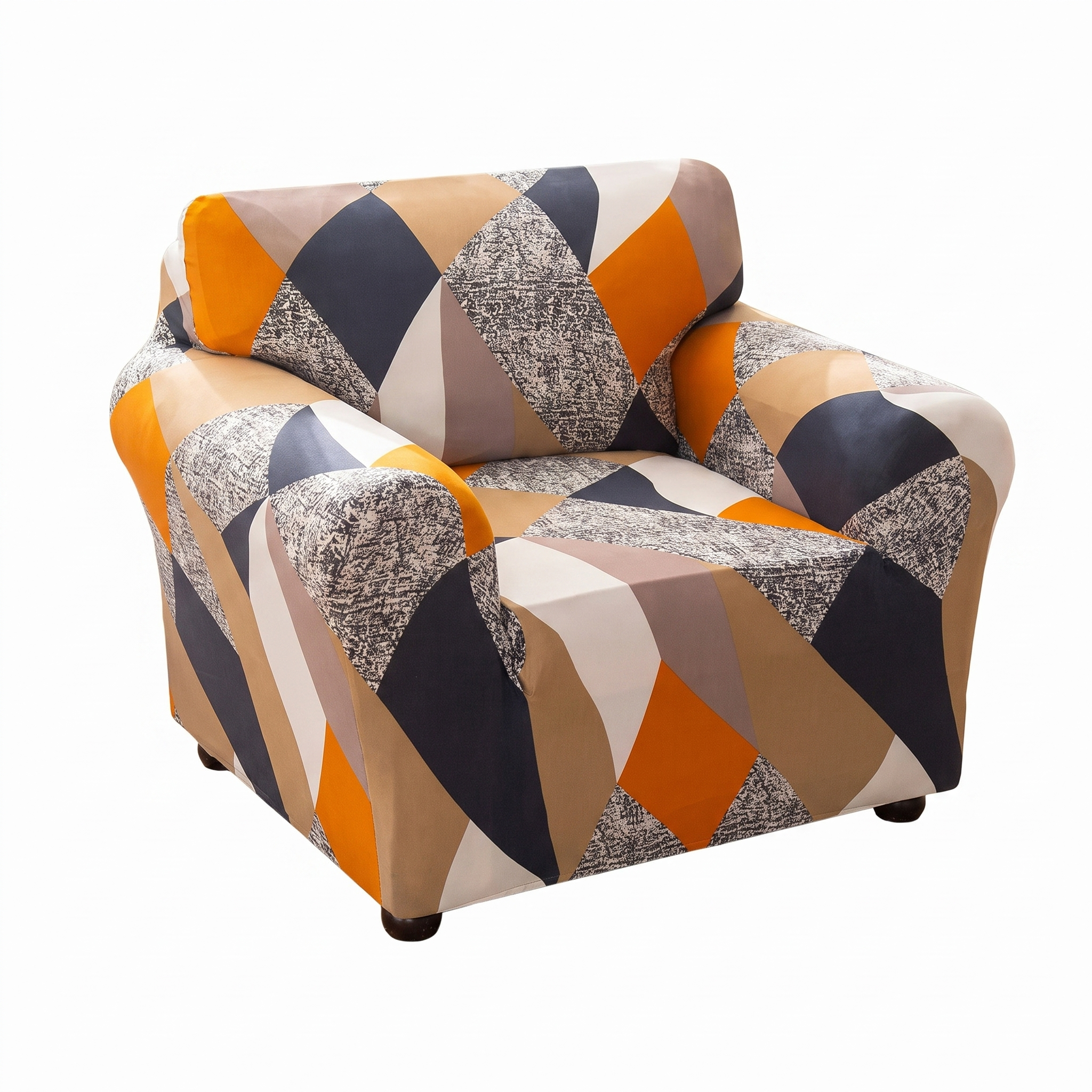 Stretch Club Armchair Cover – Orange Black Grey Geometric Print – product photo on a white background | Brivenzo