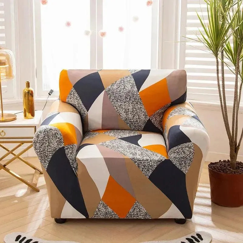 Stretch Club Armchair Cover – Orange Black Grey Geometric Print – product view 4 | Brivenzo