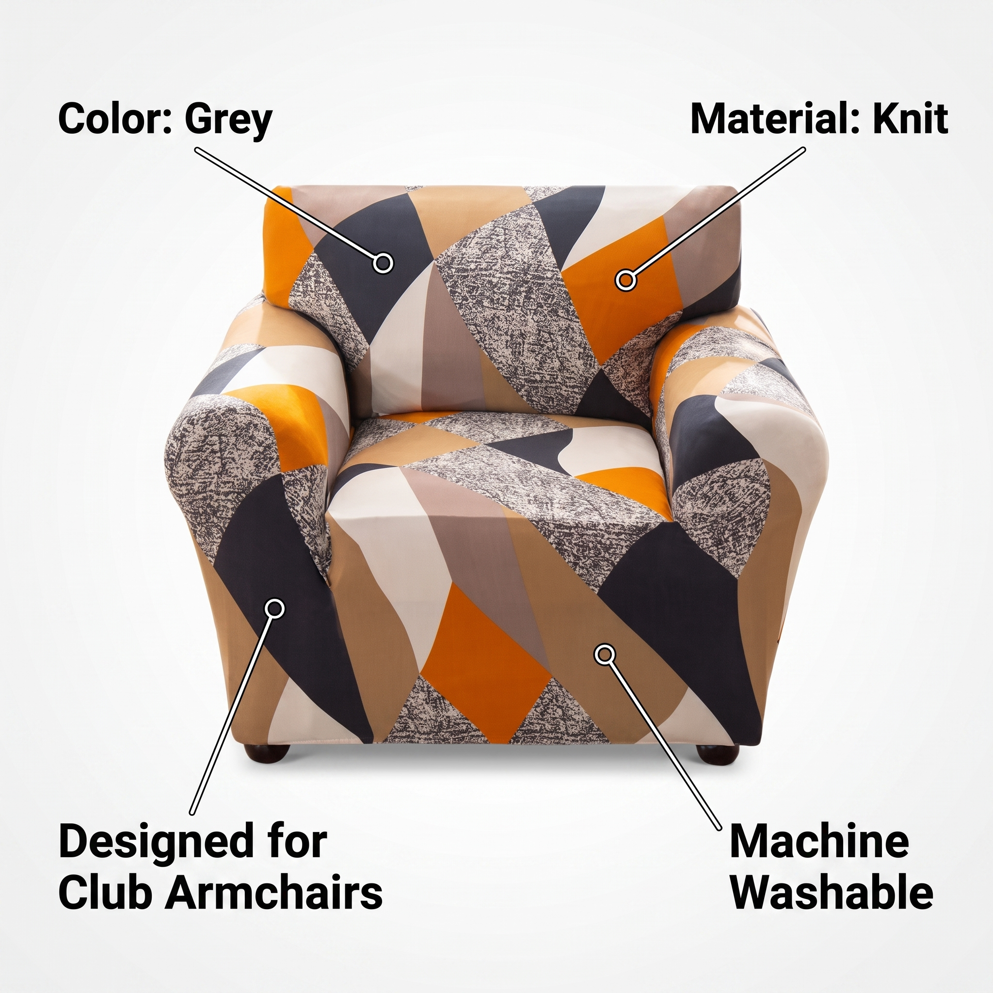 Stretch Club Armchair Cover – Orange Black Grey Geometric Print – features and specifications overview | Brivenzo
