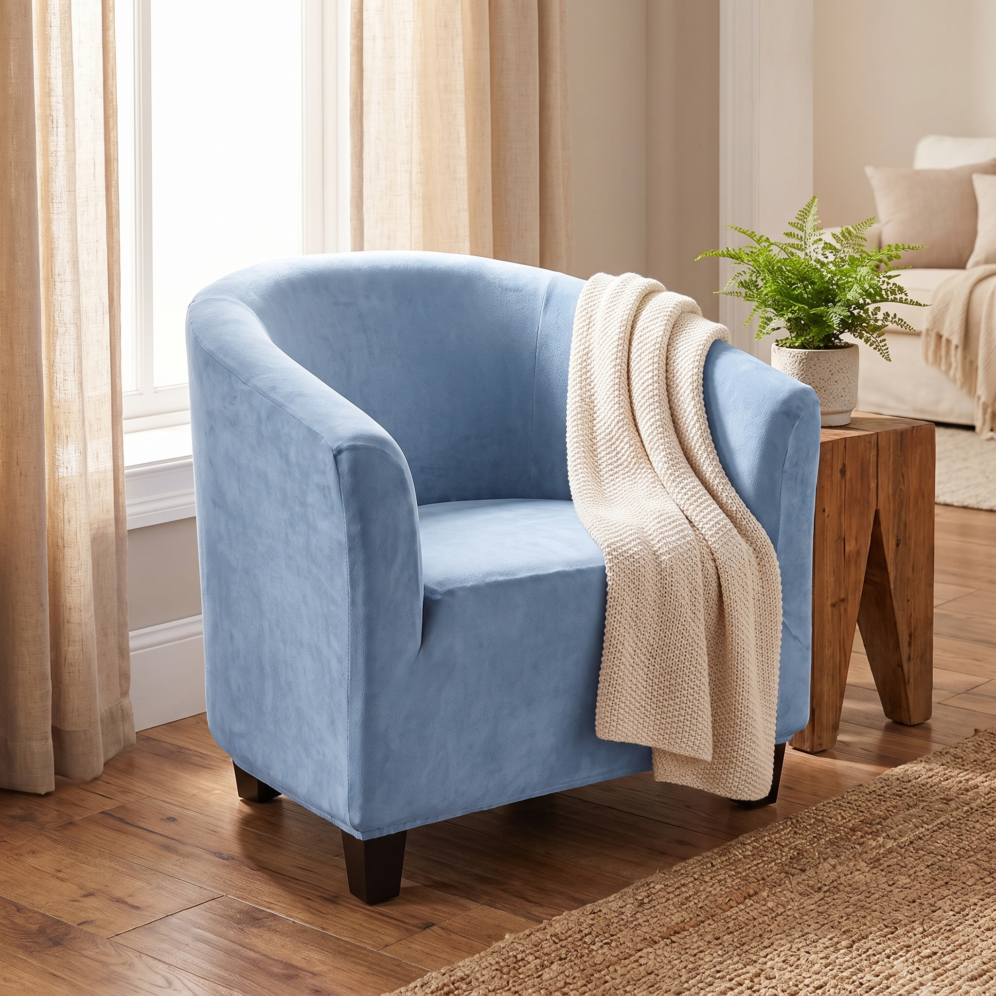 Stretch Club Armchair Cover – Sky Blue Velvet shown in a styled home interior | Brivenzo