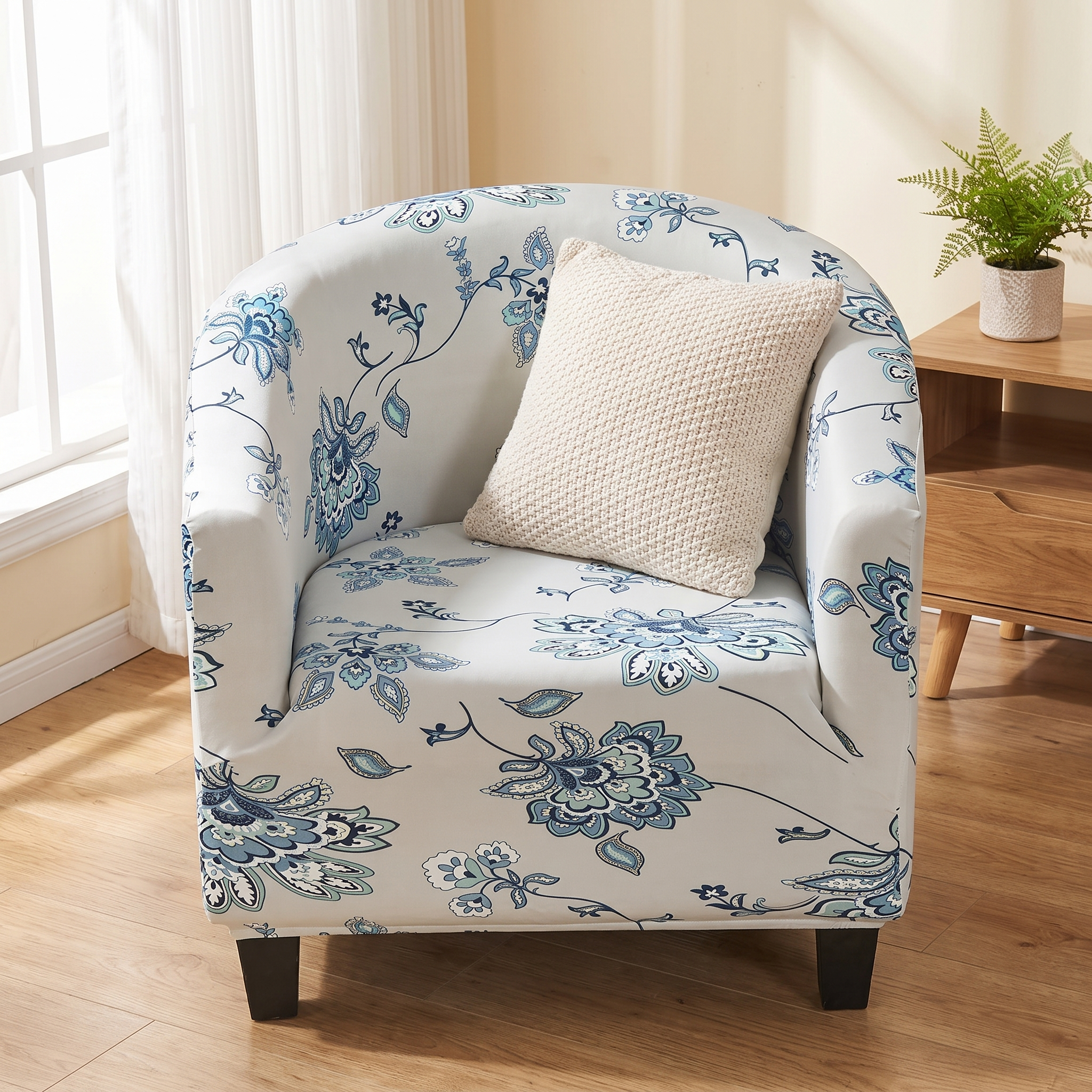 Stretch Club Armchair Cover – White Blue Floral Print shown in a styled home interior | Brivenzo