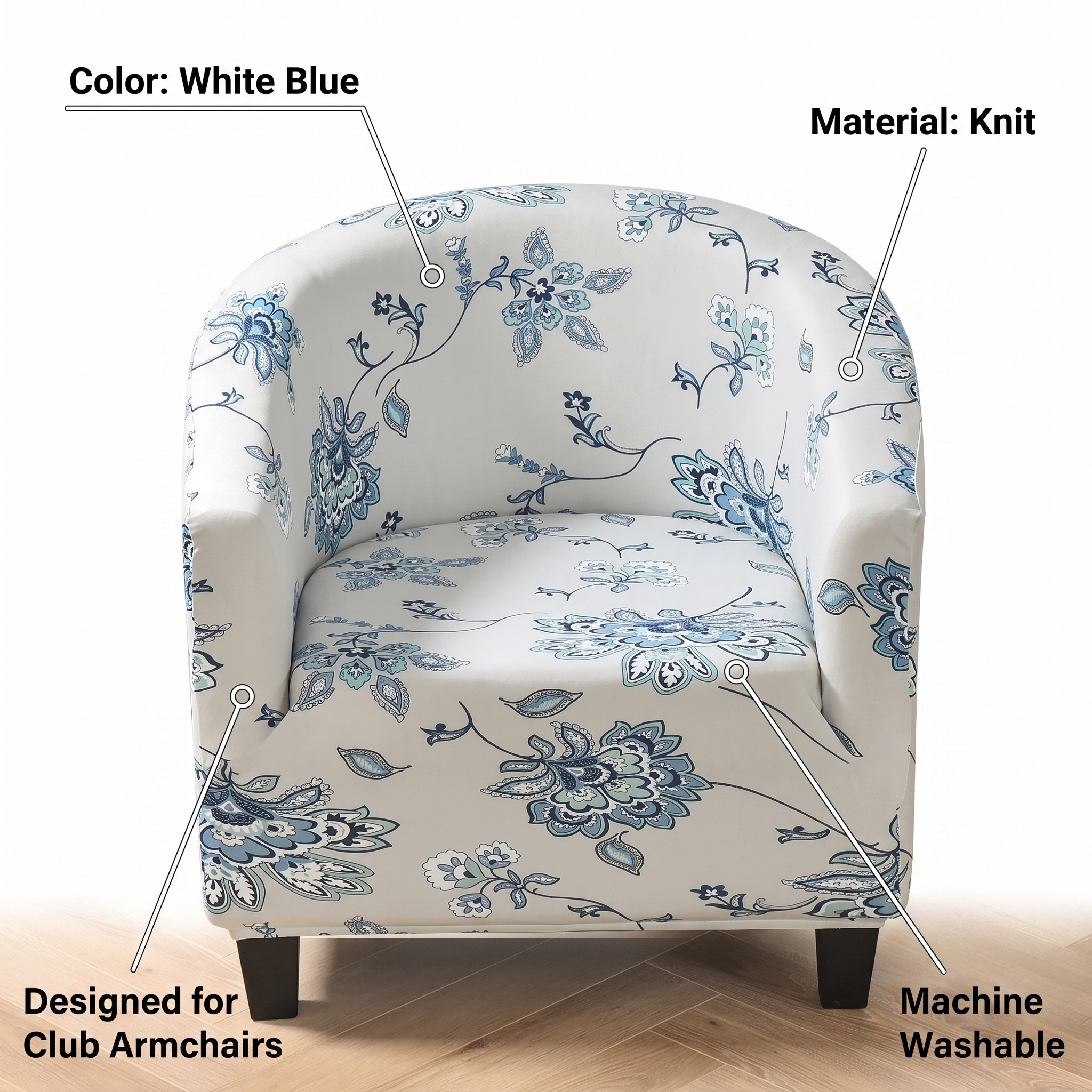 Stretch Club Armchair Cover – White Blue Floral Print – features and specifications overview | Brivenzo