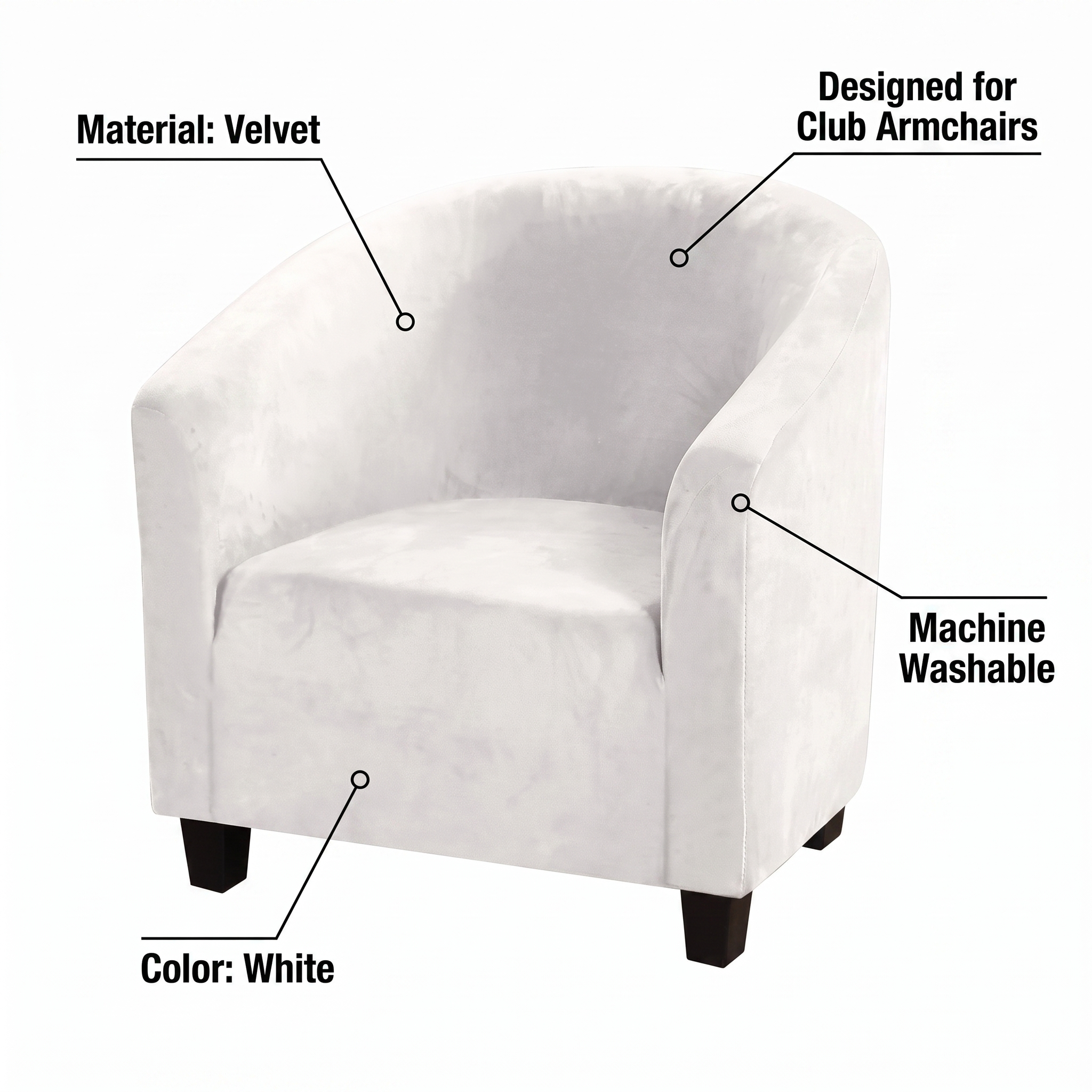 Stretch Club Armchair Cover – White Velvet – features and specifications overview | Brivenzo