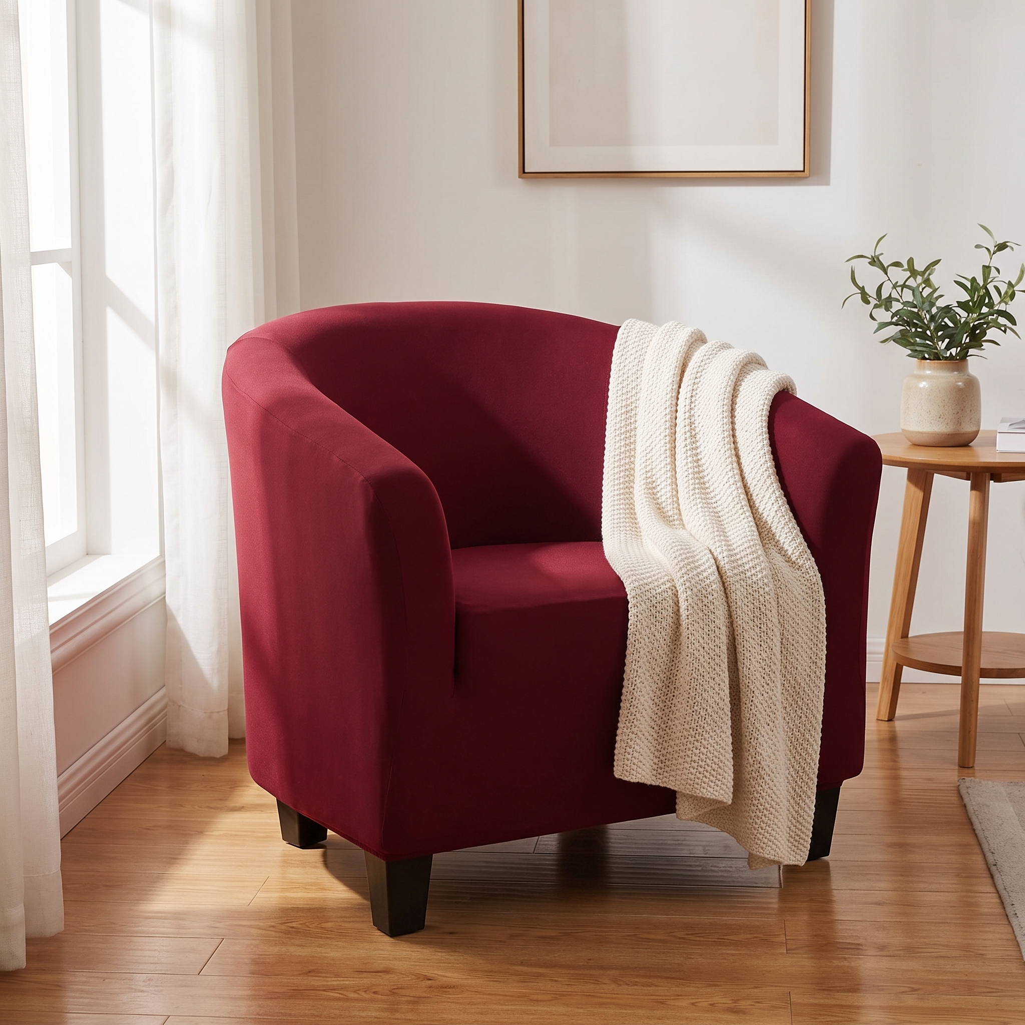 Stretch Club Armchair Cover – Wine Red shown in a styled home interior | Brivenzo