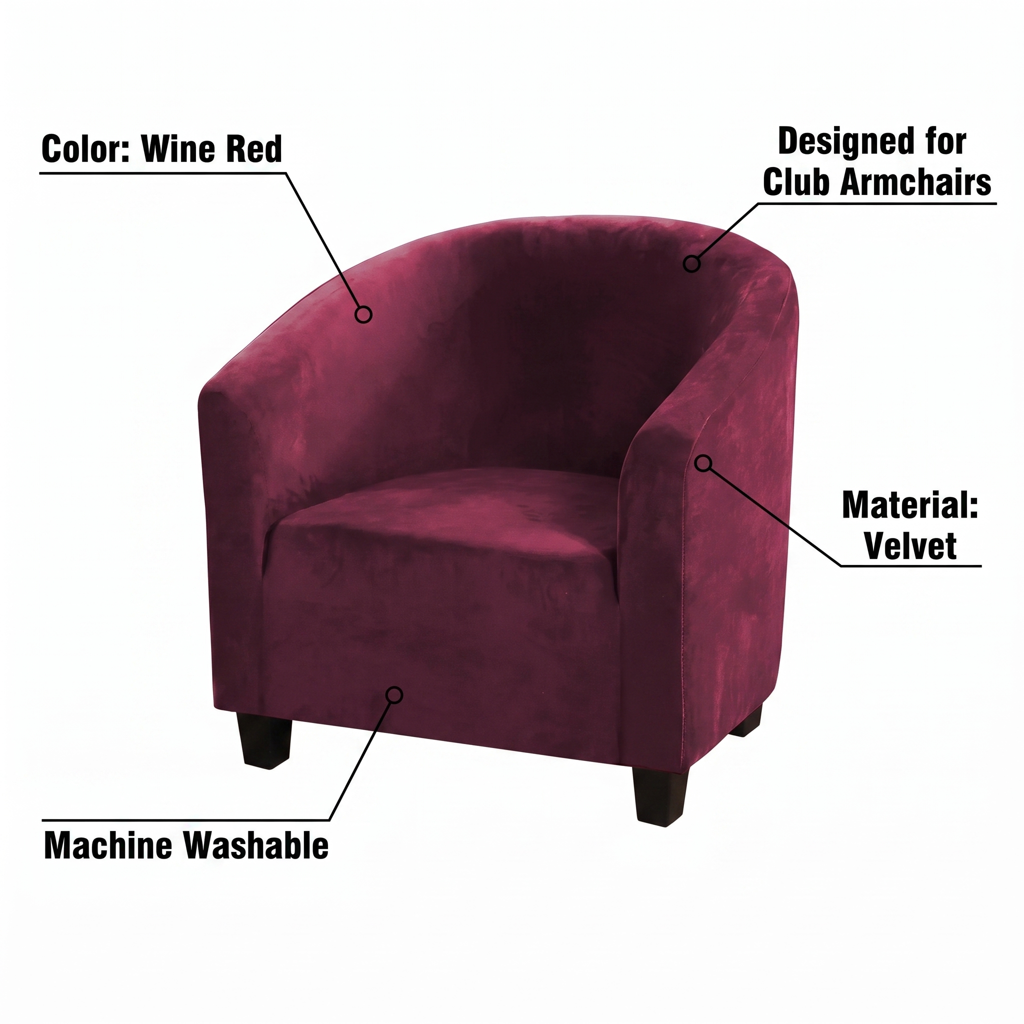 Stretch Club Armchair Cover – Wine Red Velvet – features and specifications overview | Brivenzo