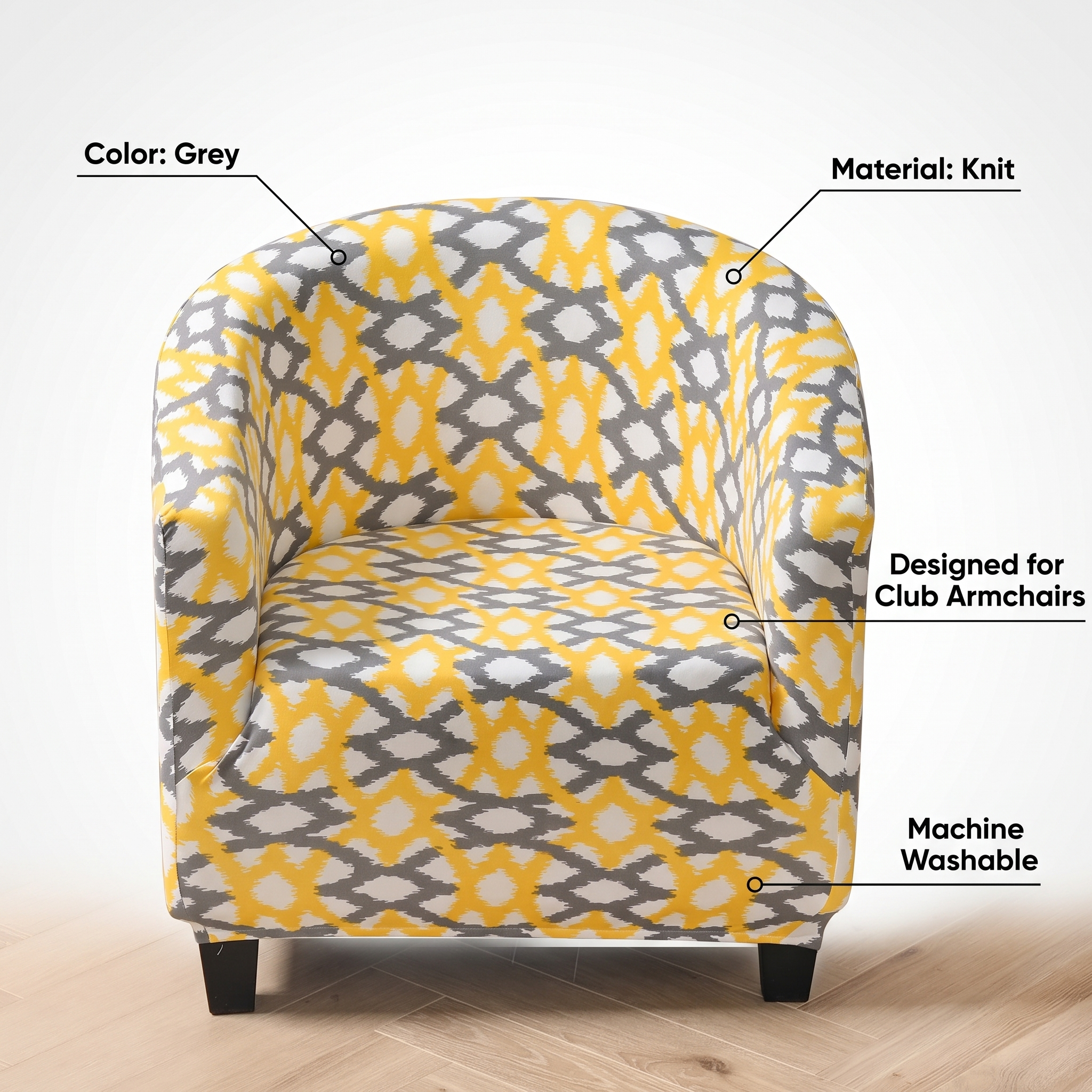 Stretch Club Armchair Cover – Yellow Grey Diamond Print – features and specifications overview | Brivenzo