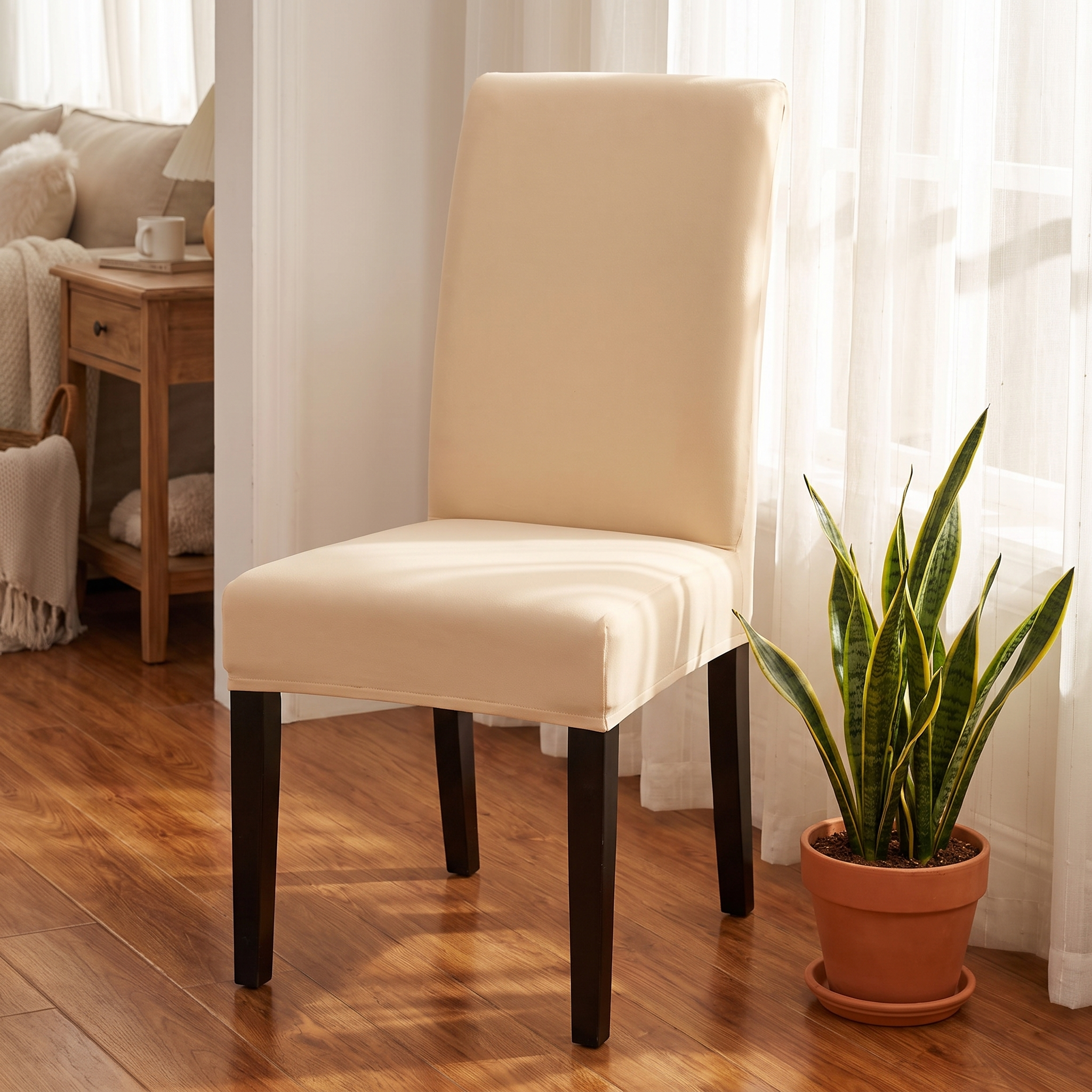 Stretch Dining Chair Cover – Beige shown in a styled home interior | Brivenzo