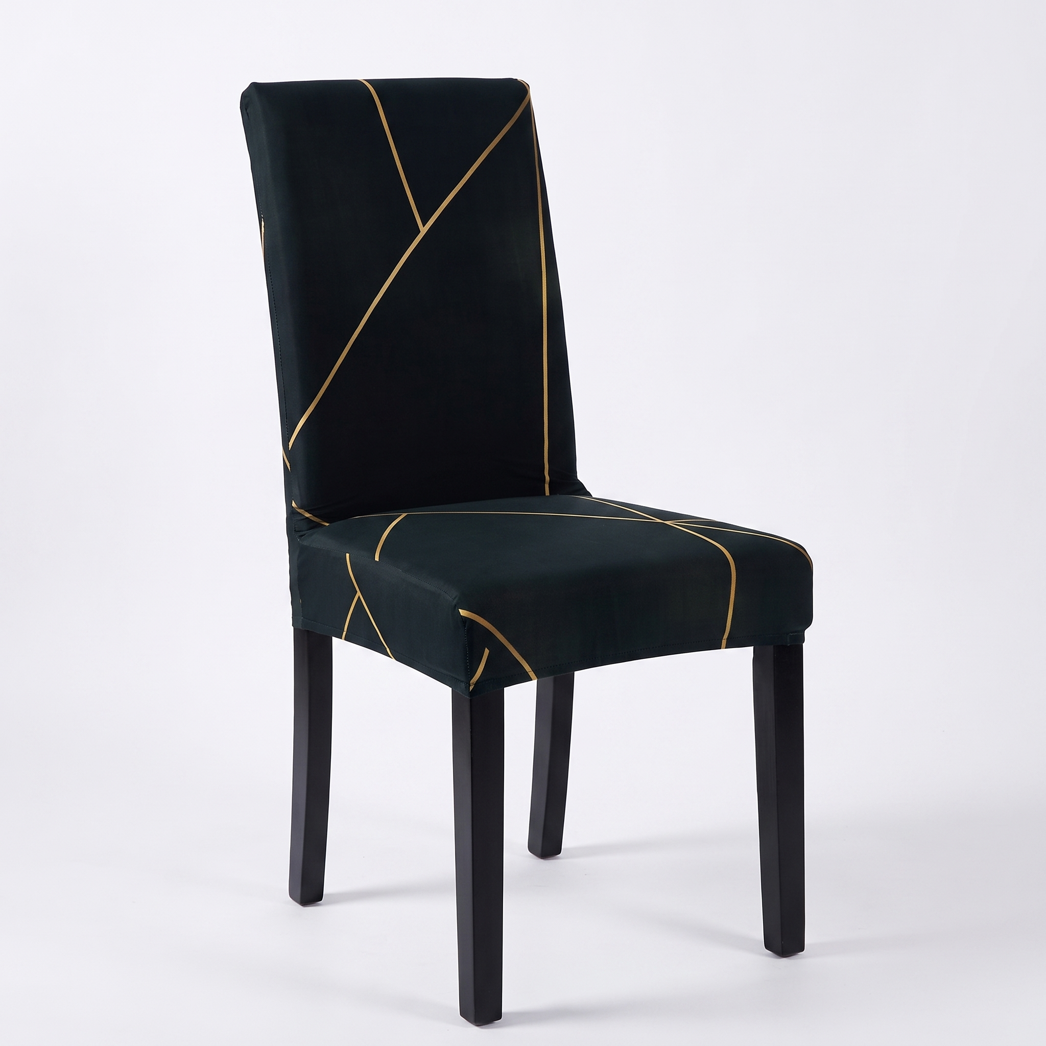 Stretch Dining Chair Cover – Black Gold Geometric Line Print – product photo on a white background | Brivenzo
