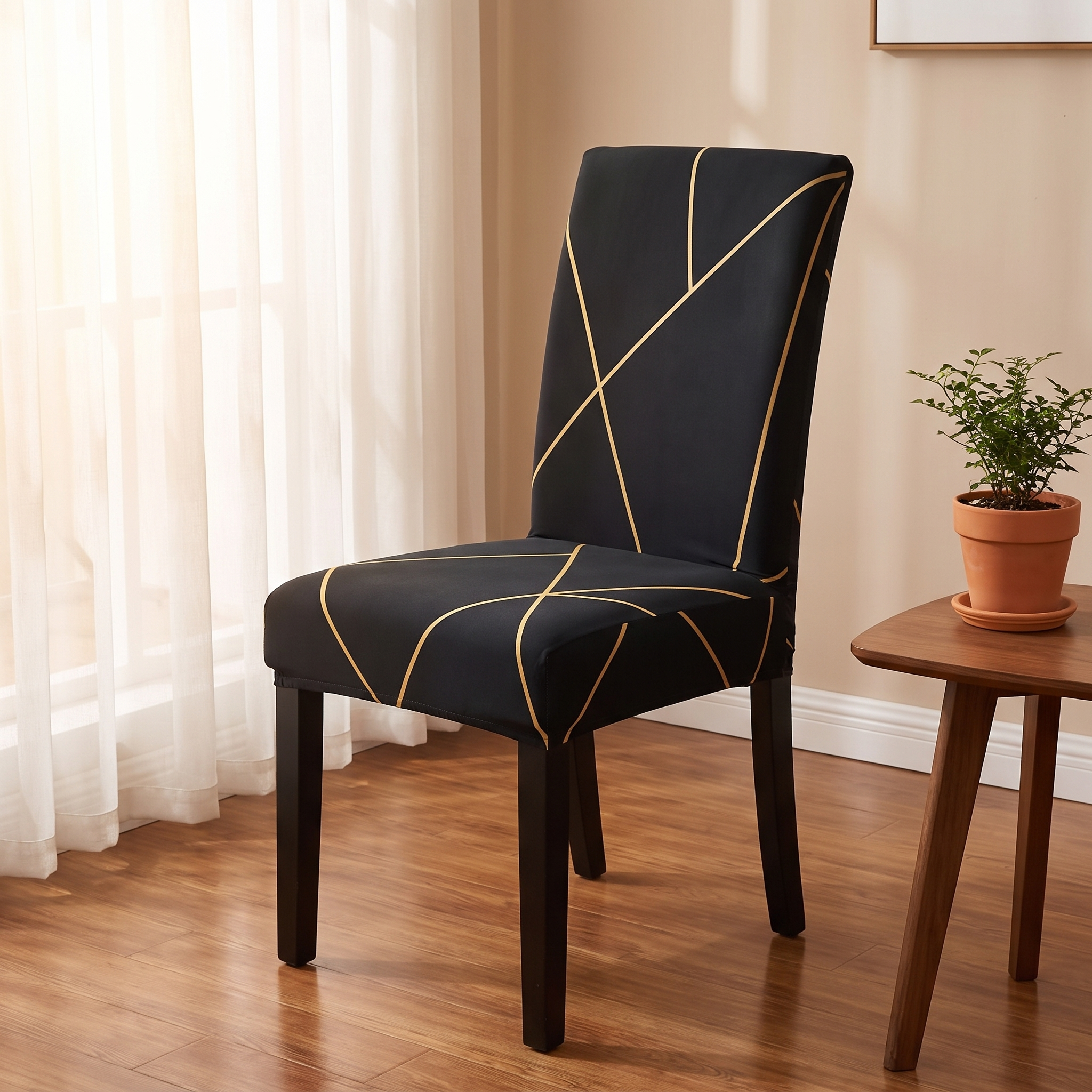 Stretch Dining Chair Cover – Black Gold Geometric Line Print shown in a styled home interior | Brivenzo