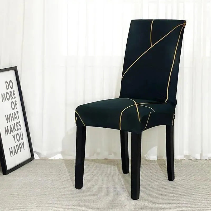 Stretch Dining Chair Cover – Black Gold Geometric Line Print – product view 4 | Brivenzo