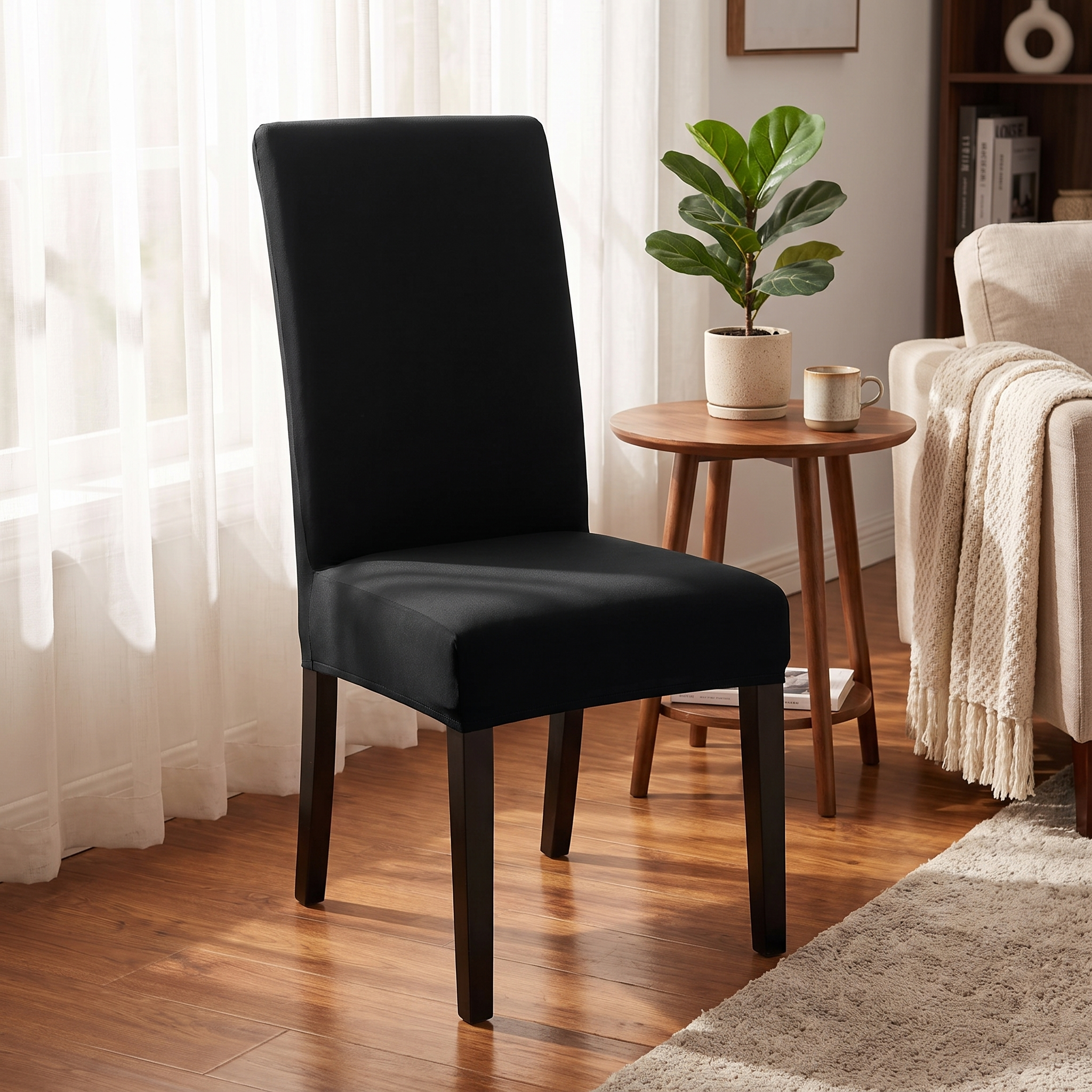 Black stretch dining chair cover in living room