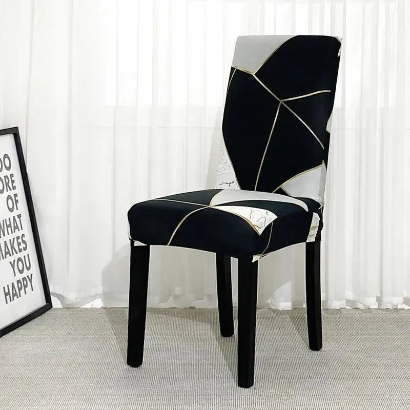 Stretch Dining Chair Cover – Black White Gold Geometric Print – product view 4 | Brivenzo