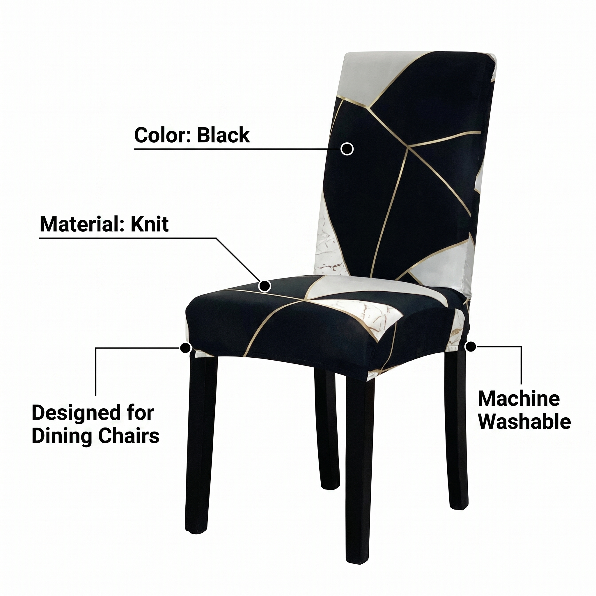 Stretch Dining Chair Cover – Black White Gold Geometric Print – features and specifications overview | Brivenzo