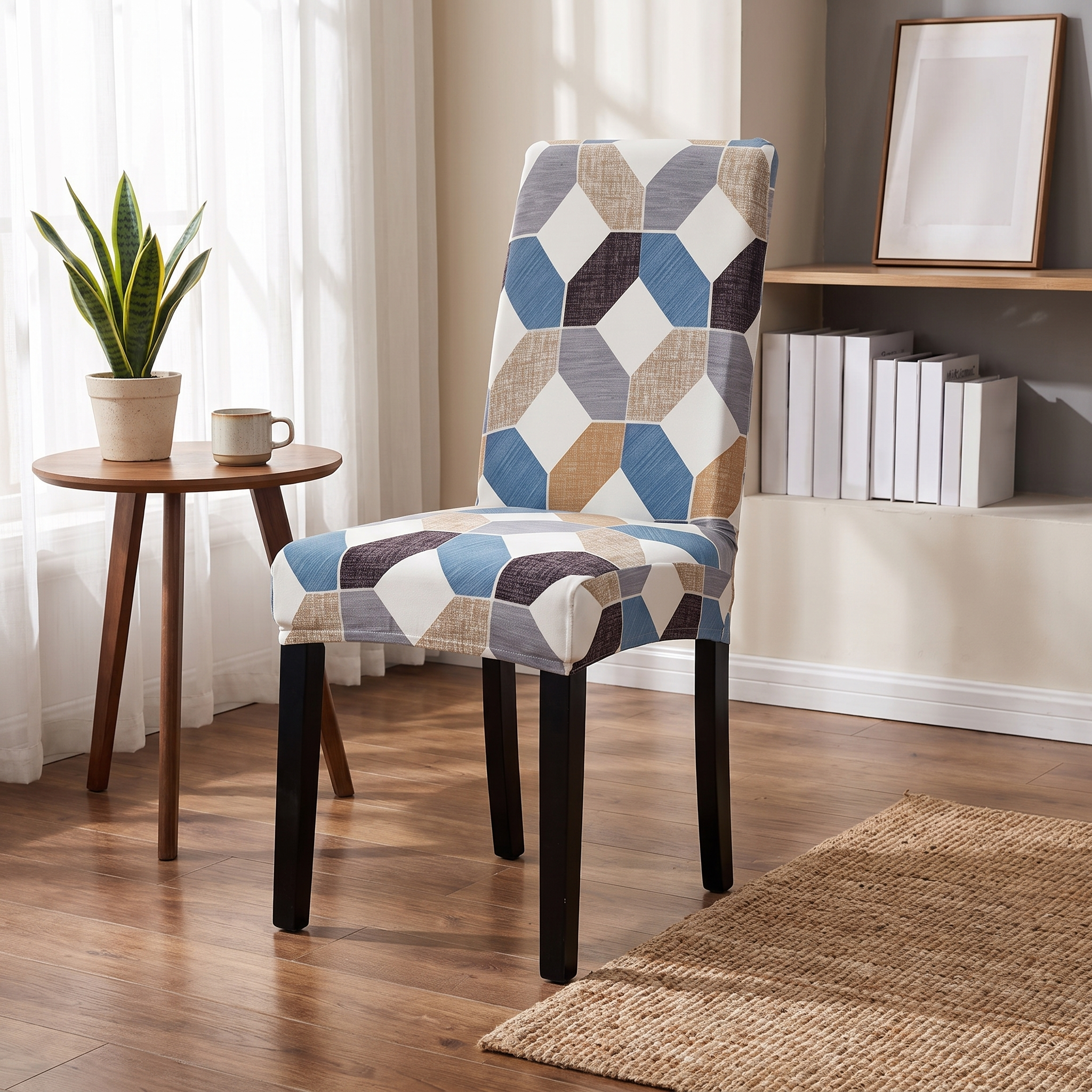 Stretch Dining Chair Cover – Blue Beige Geometric Hexagon Print shown in a styled home interior | Brivenzo
