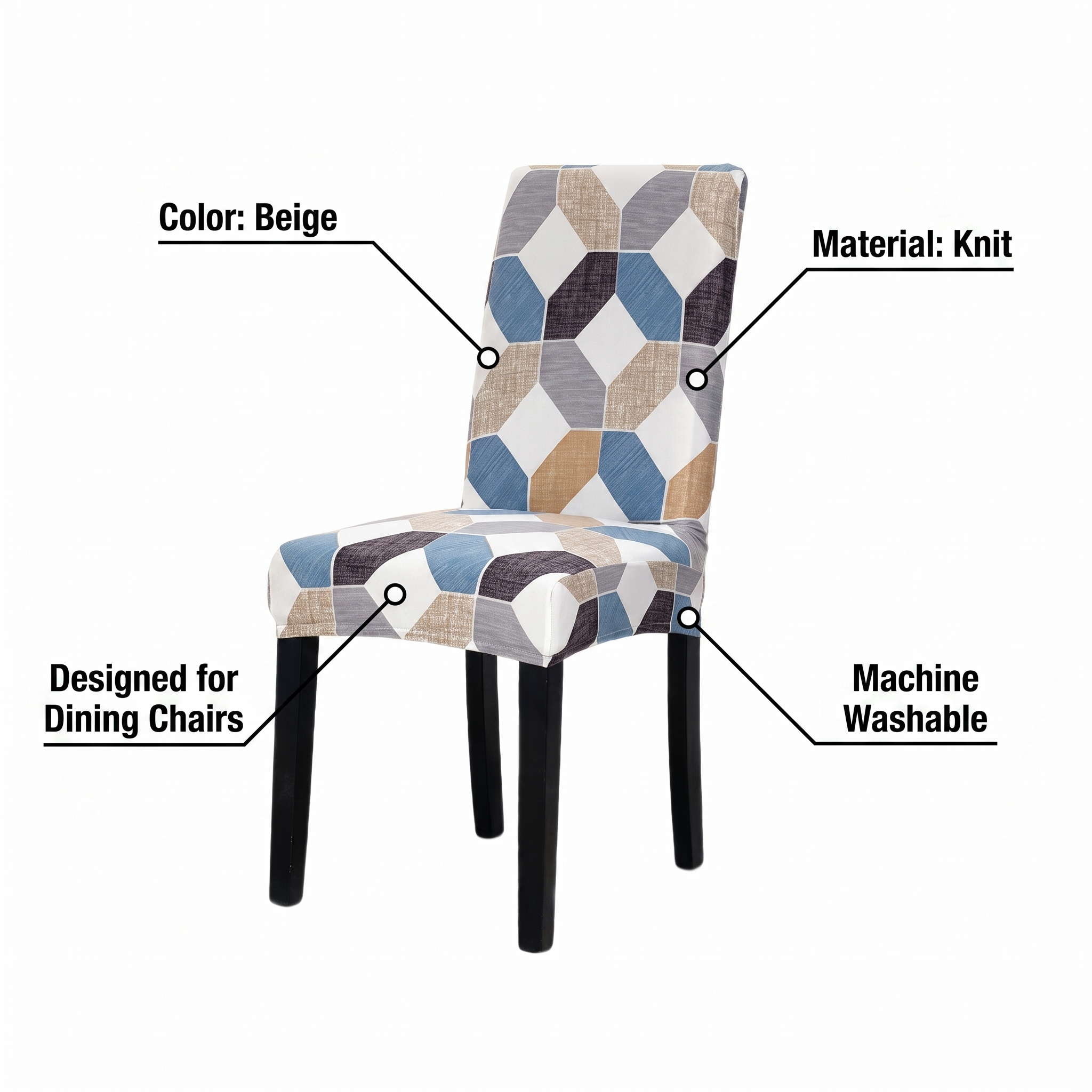 Stretch Dining Chair Cover – Blue Beige Geometric Hexagon Print – features and specifications overview | Brivenzo