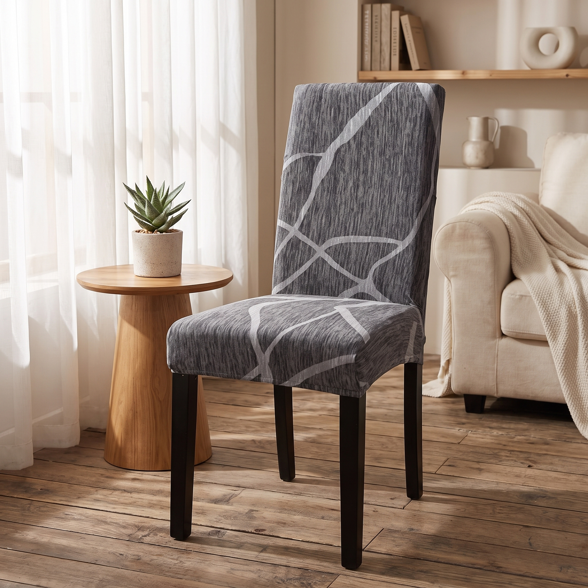 Stretch Dining Chair Cover – Charcoal Grey Wavy Line Print shown in a styled home interior | Brivenzo
