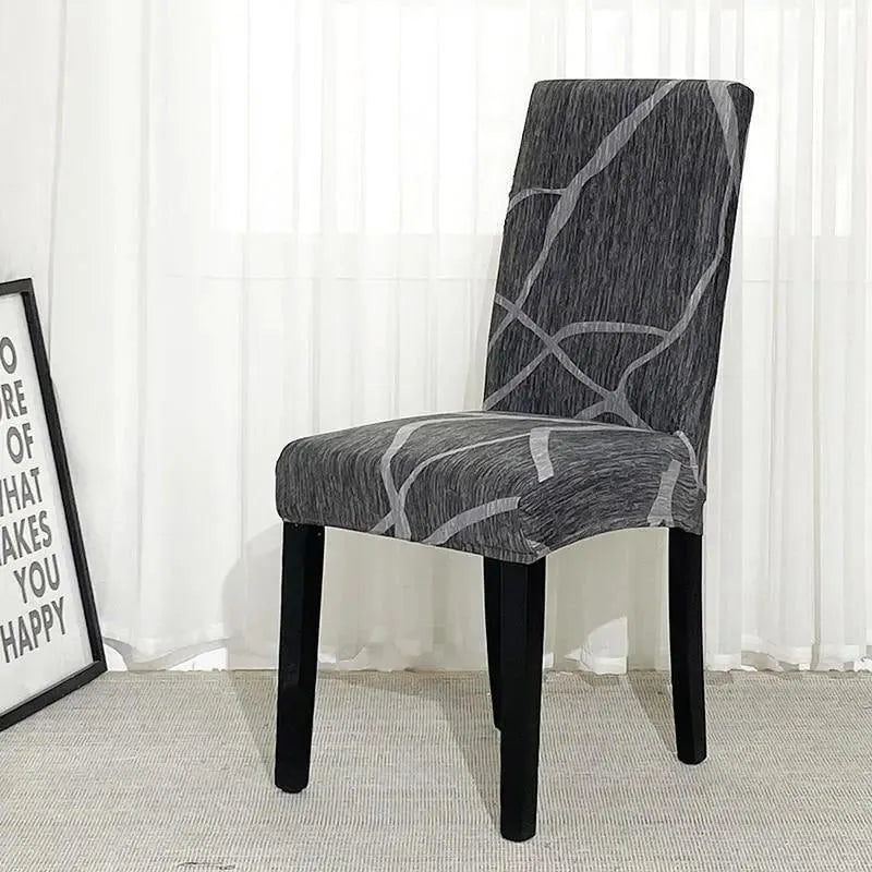 Stretch Dining Chair Cover – Charcoal Grey Wavy Line Print – product view 4 | Brivenzo