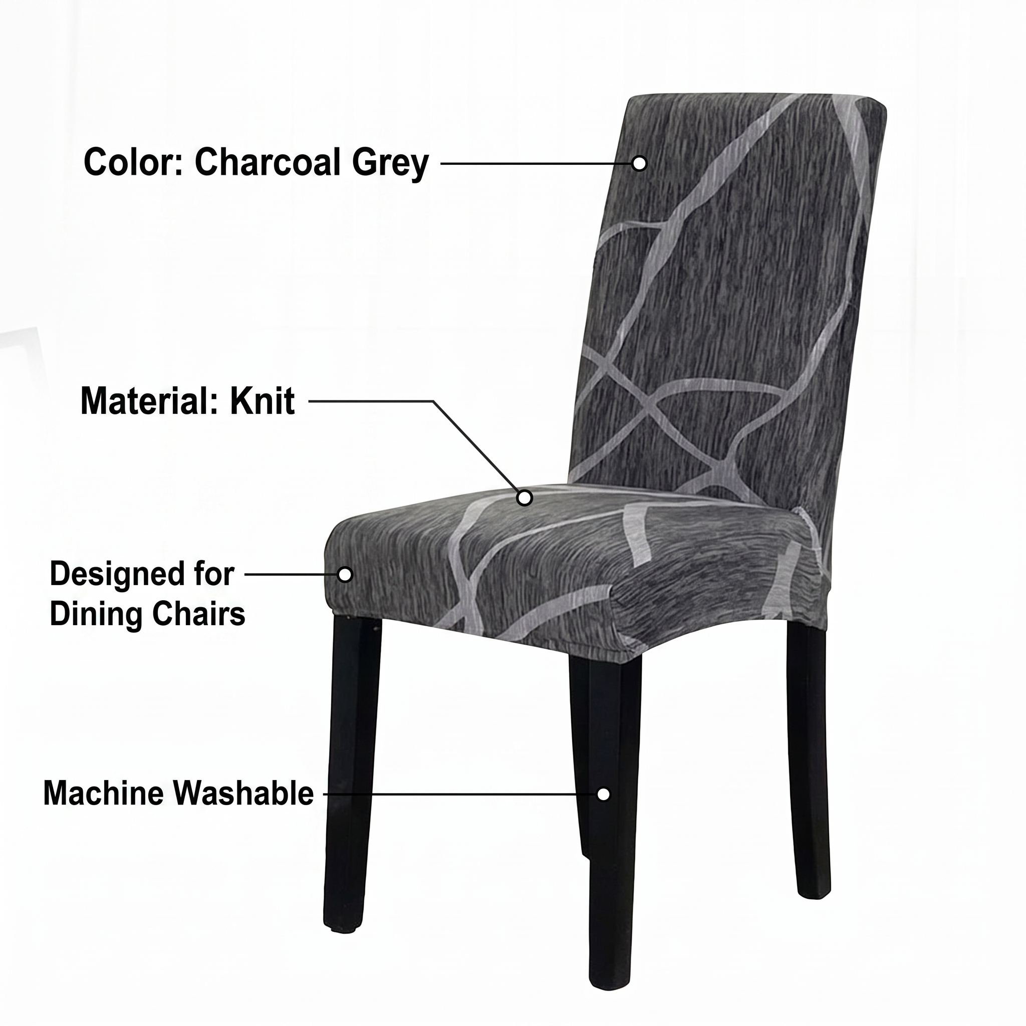 Stretch Dining Chair Cover – Charcoal Grey Wavy Line Print – features and specifications overview | Brivenzo