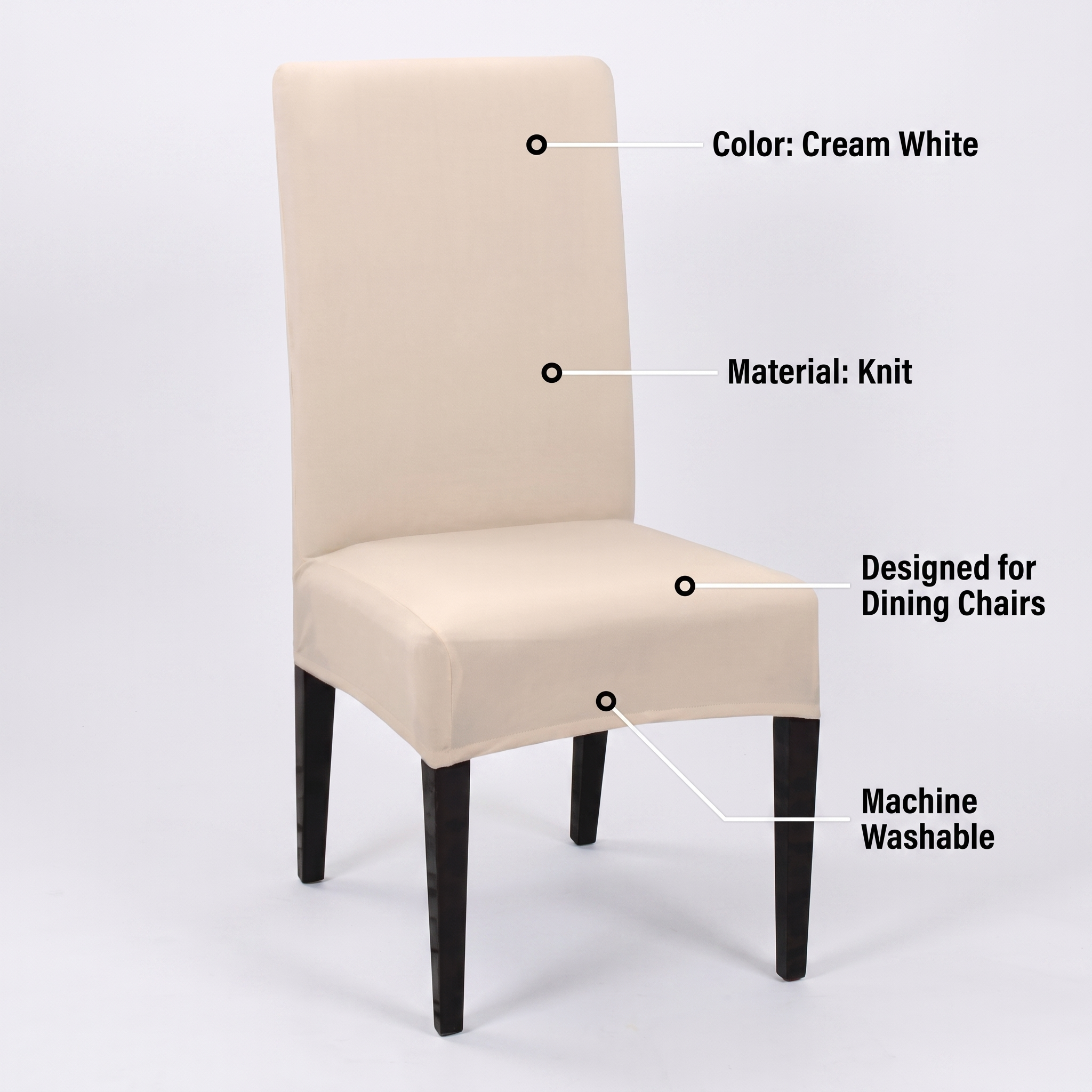 Cream white stretch dining chair cover - fabric details and sizing