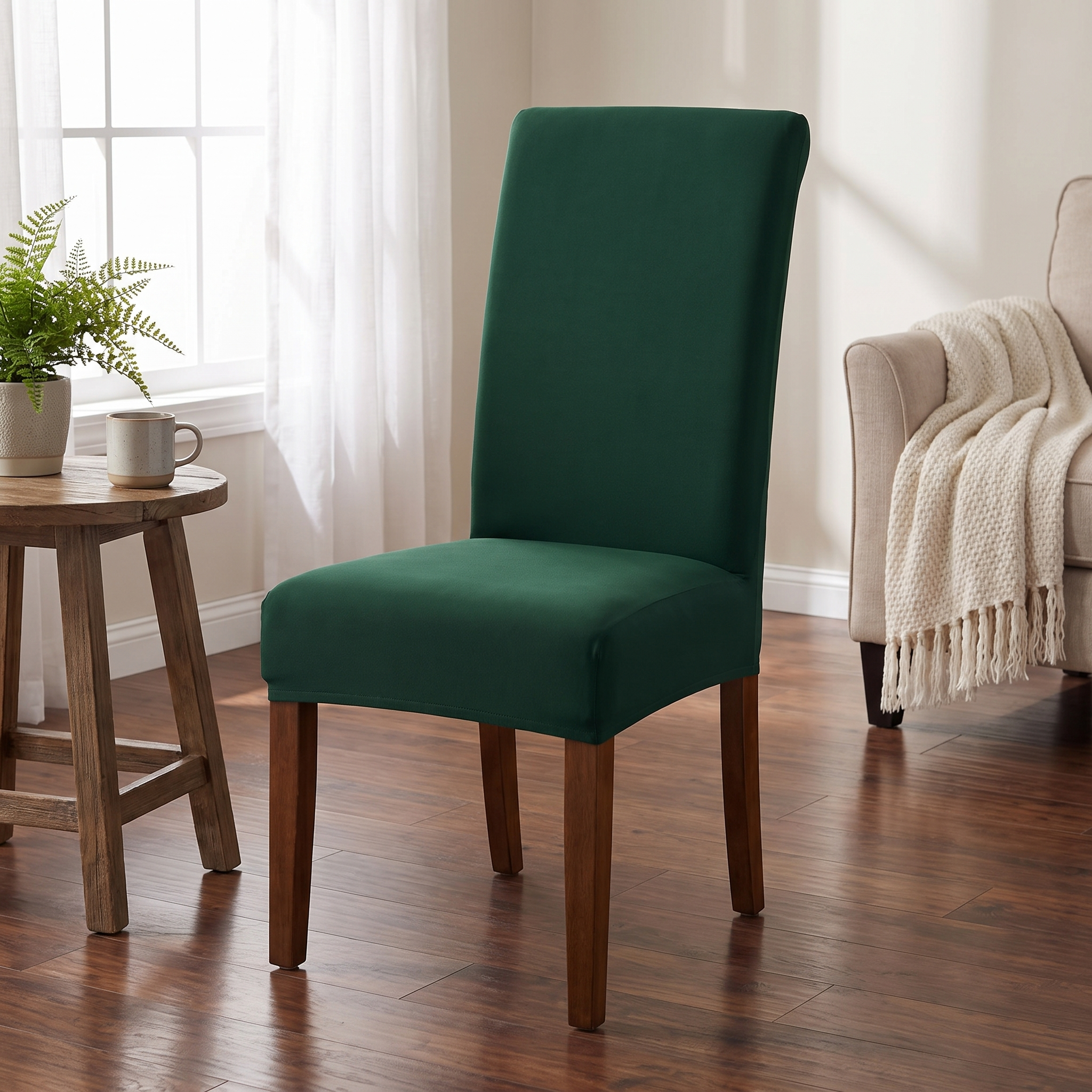 Stretch Dining Chair Cover – Dark Green shown in a styled home interior | Brivenzo