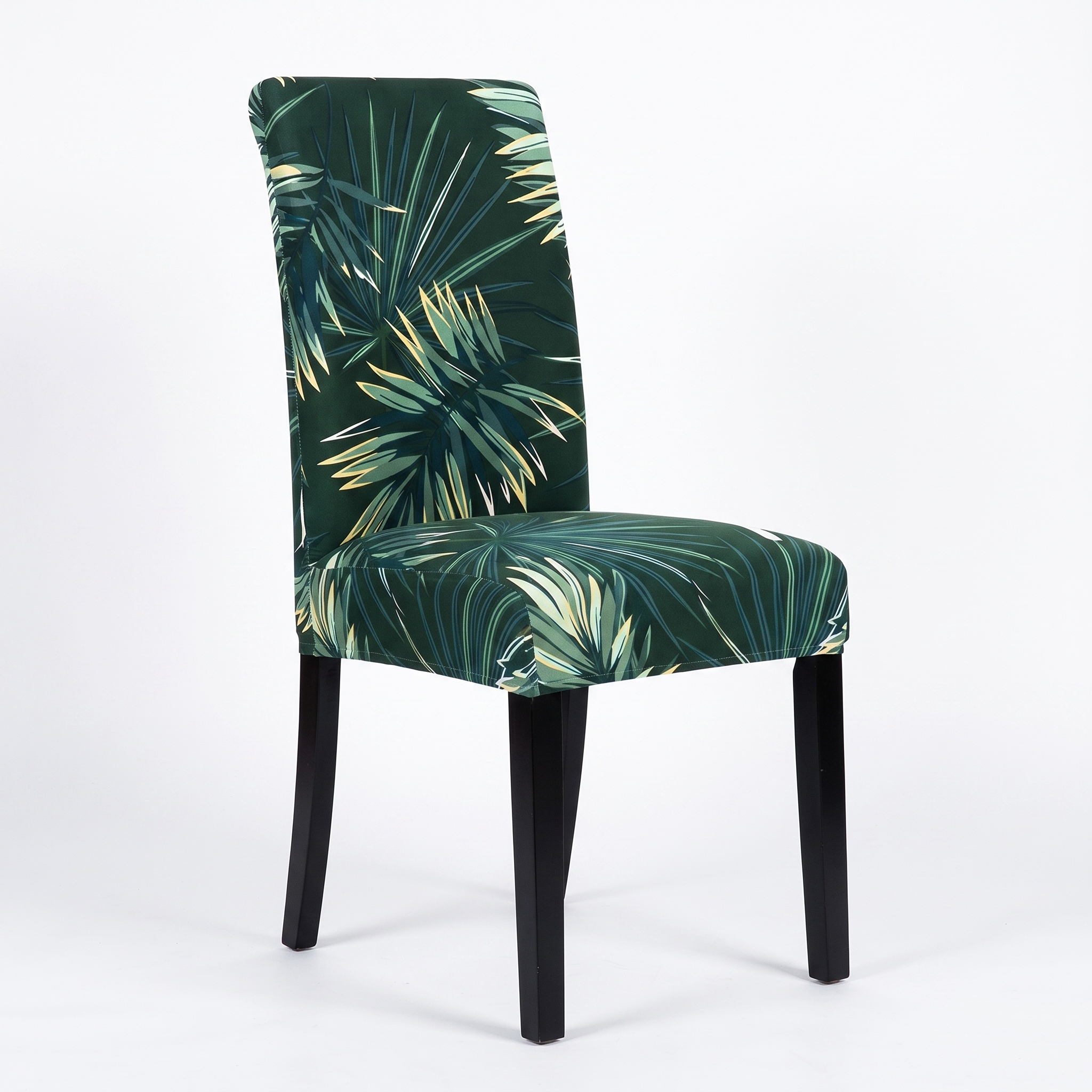 Stretch Dining Chair Cover – Dark Green Tropical Palm Leaf Print – product photo on a white background | Brivenzo