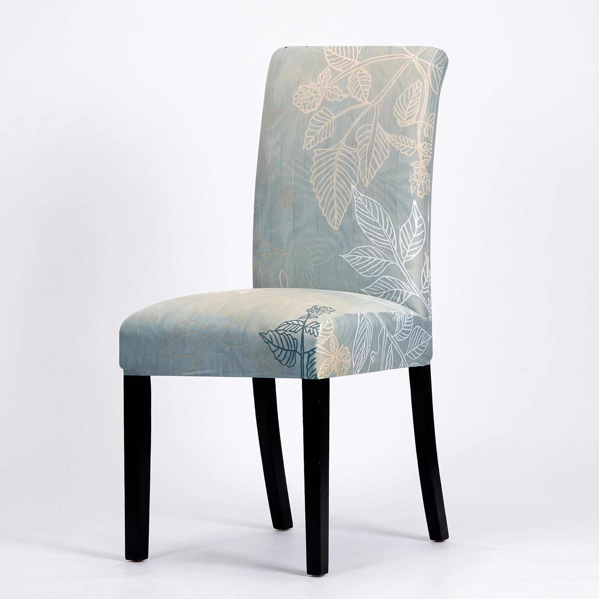Stretch Dining Chair Cover – Dusty Blue Beige Leaf Branch Print – product photo on a white background | Brivenzo