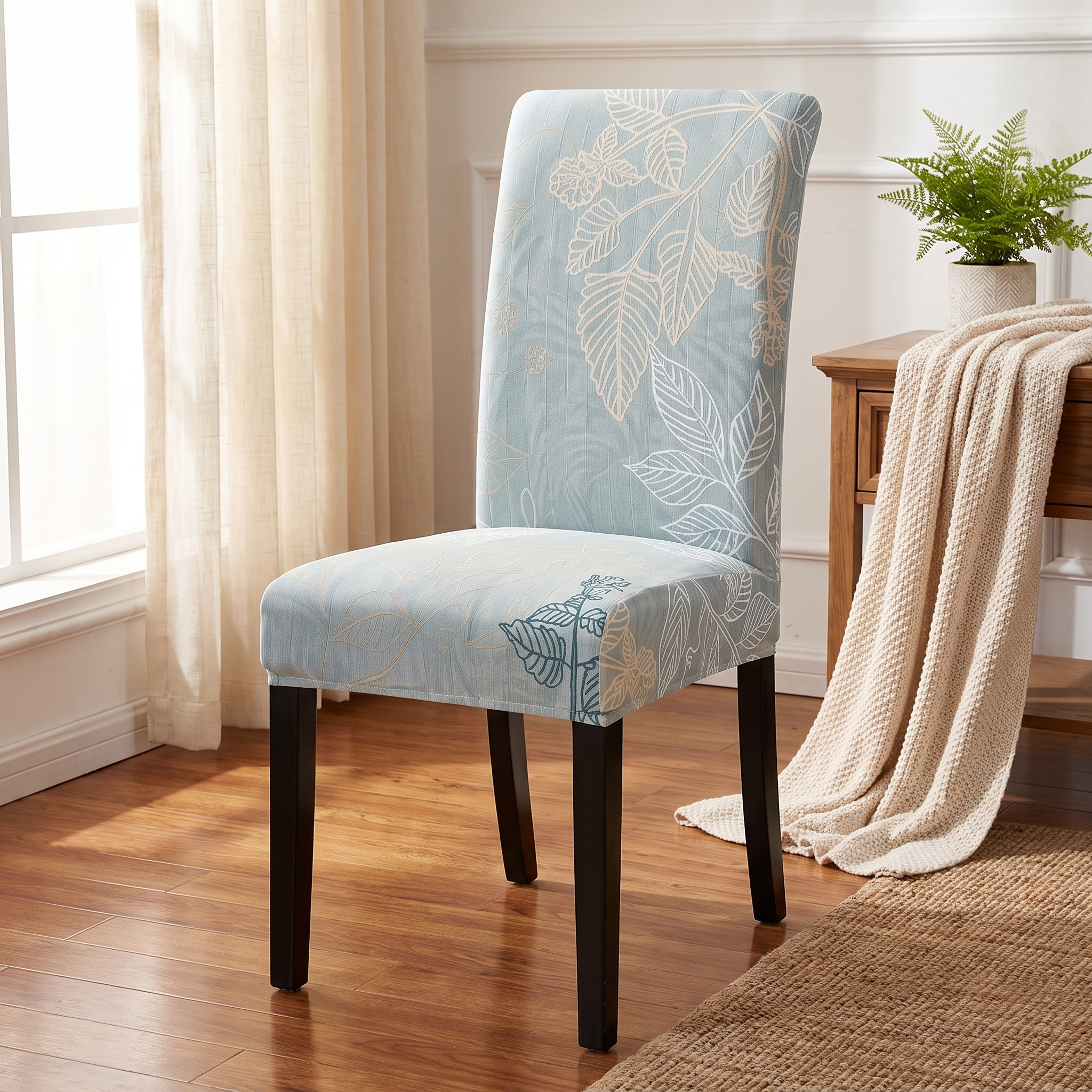 Stretch Dining Chair Cover – Dusty Blue Beige Leaf Branch Print shown in a styled home interior | Brivenzo