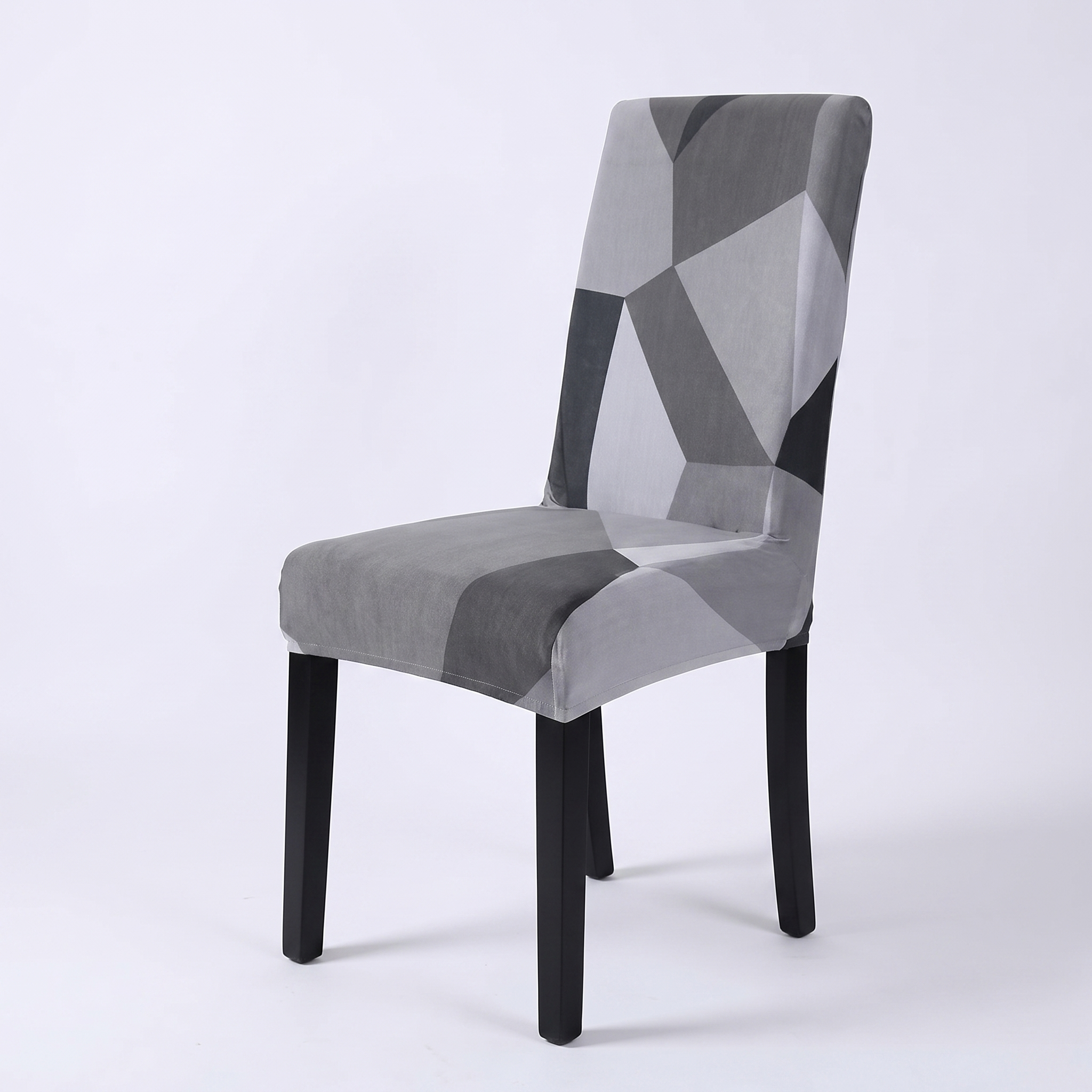 Stretch Dining Chair Cover – Grey Black Geometric Mosaic Print – product photo on a white background | Brivenzo