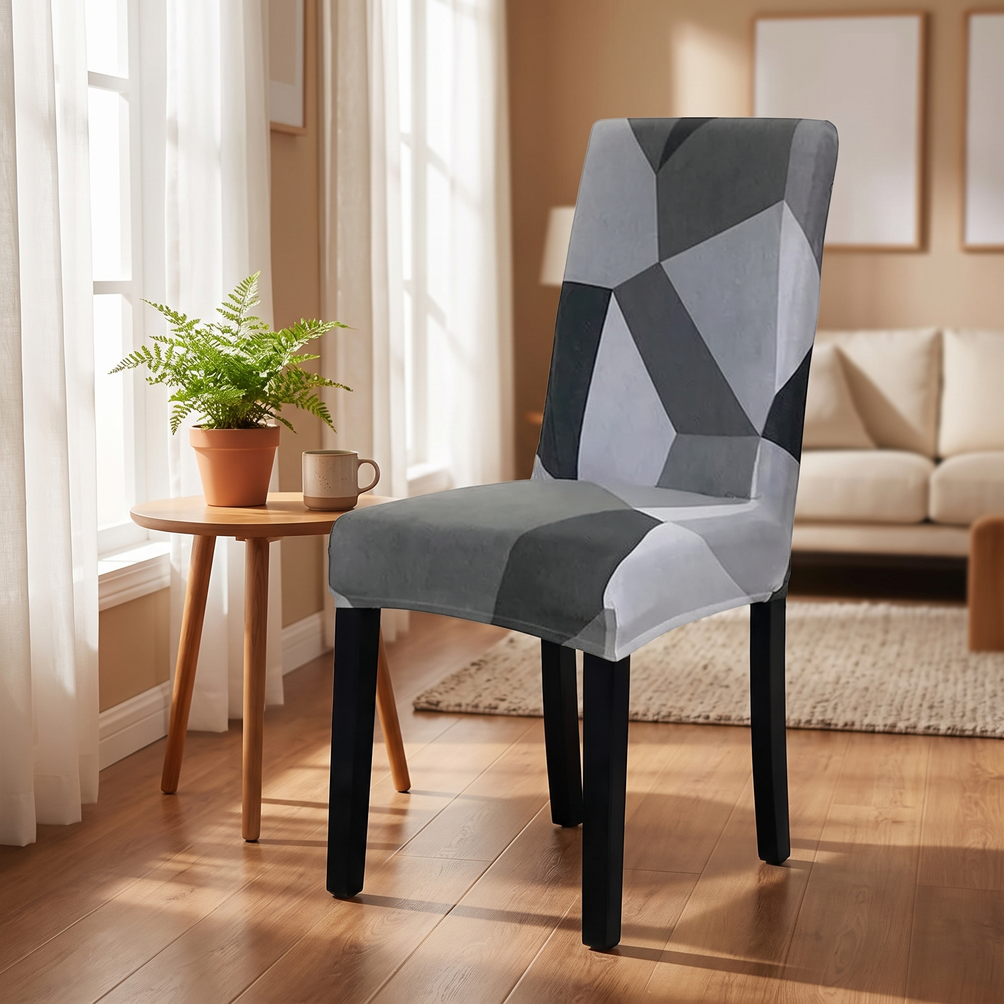Stretch Dining Chair Cover – Grey Black Geometric Mosaic Print shown in a styled home interior | Brivenzo