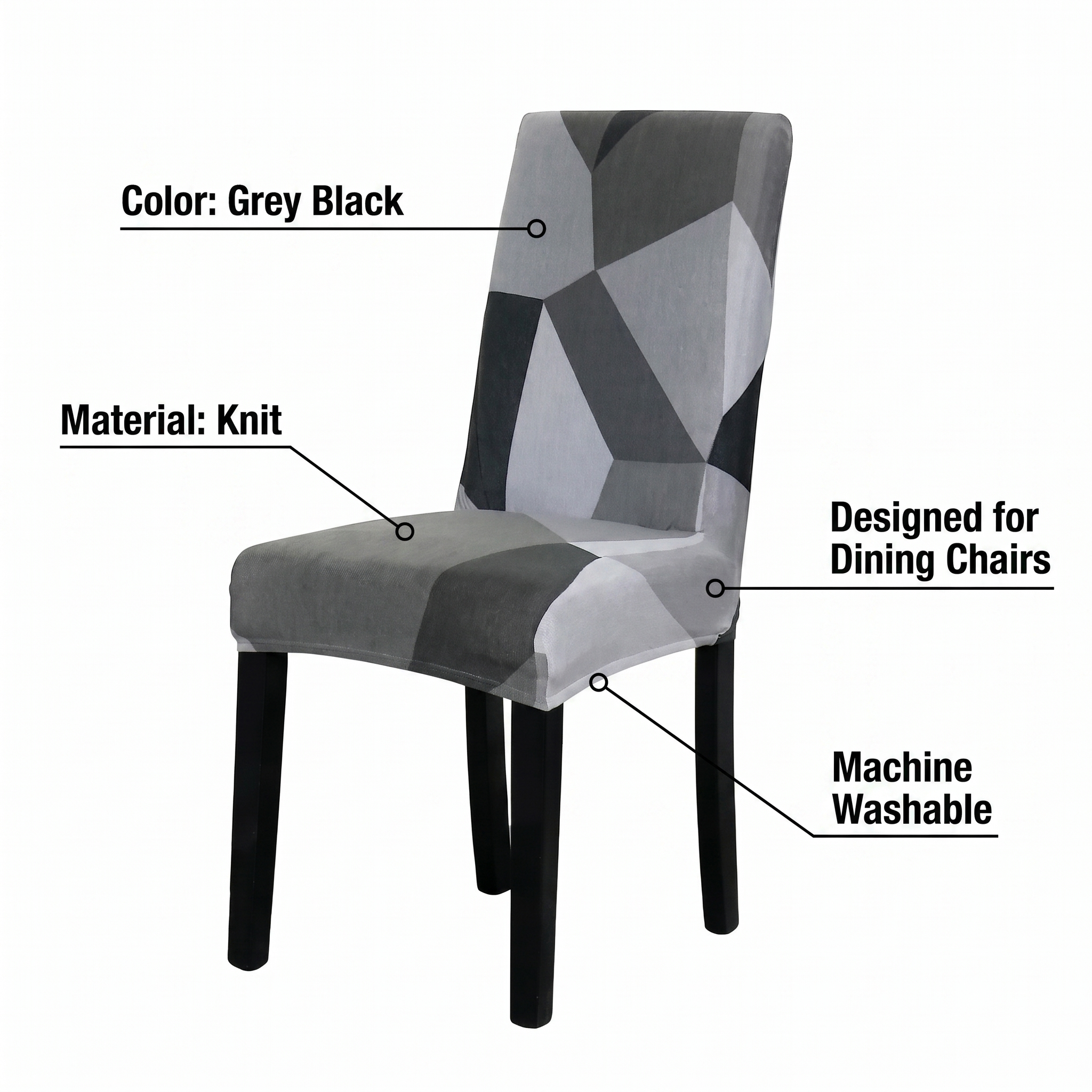 Stretch Dining Chair Cover – Grey Black Geometric Mosaic Print – features and specifications overview | Brivenzo