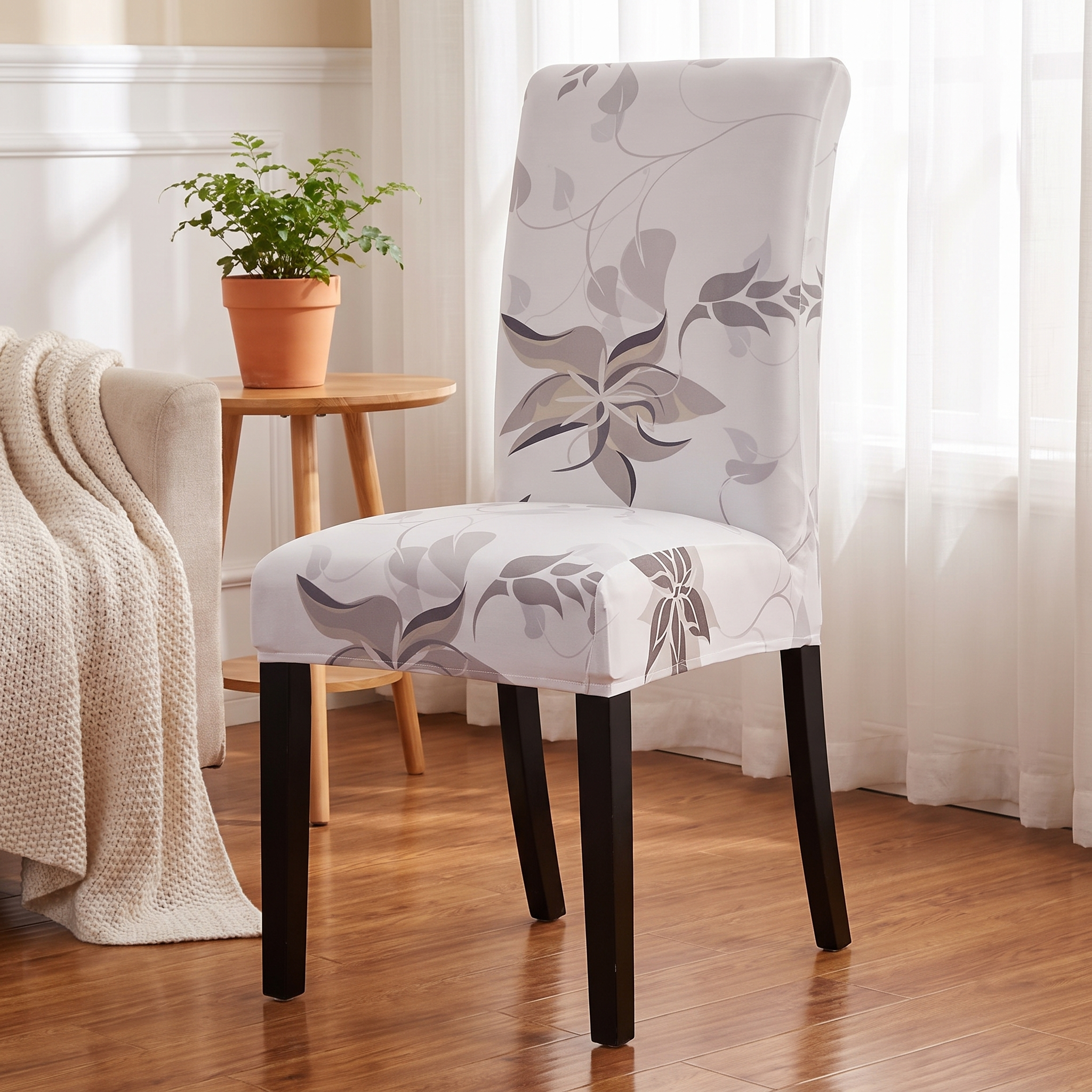 Stretch Dining Chair Cover – Grey Taupe Floral Print shown in a styled home interior | Brivenzo
