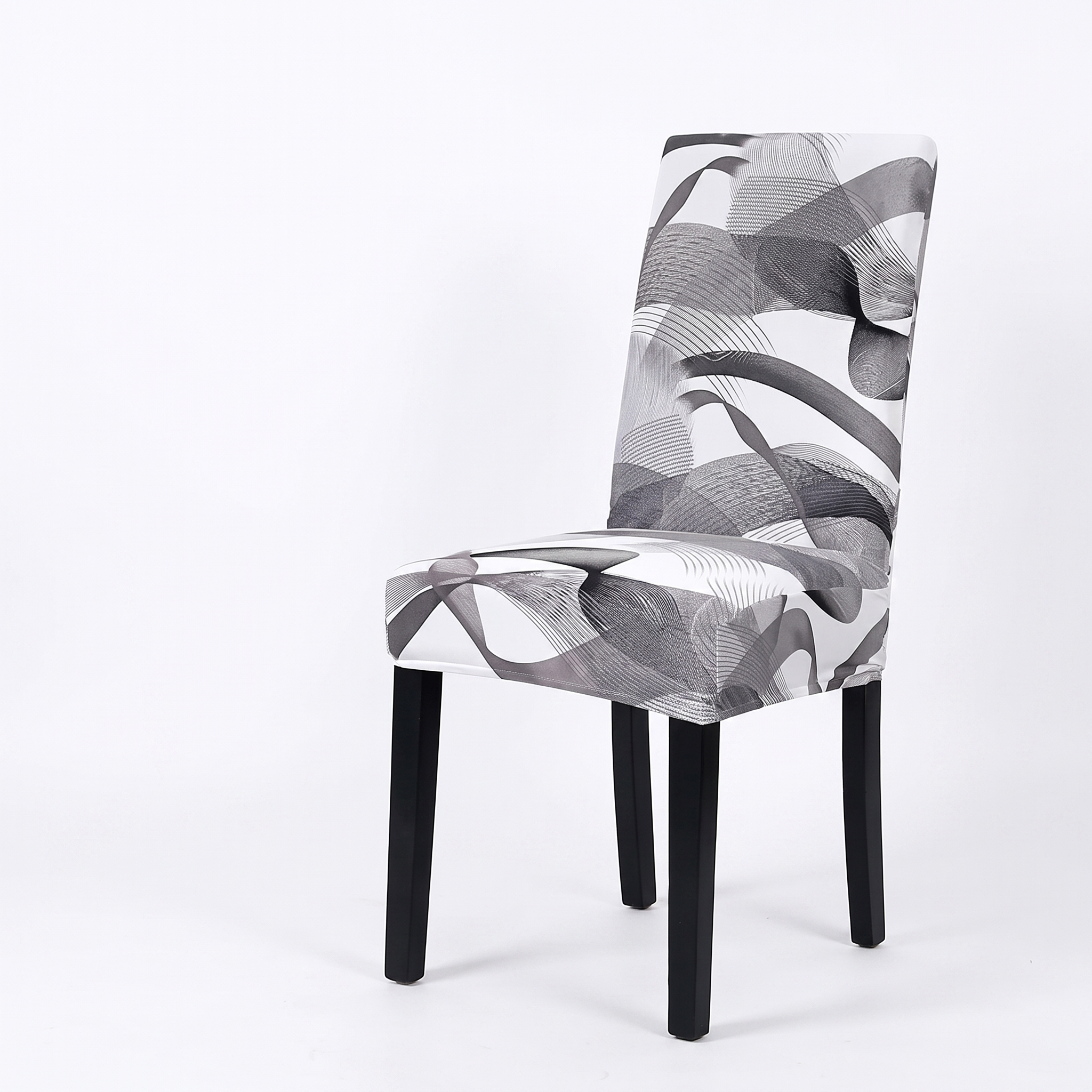 Stretch Dining Chair Cover – Grey White Abstract Swirl Print – product photo on a white background | Brivenzo