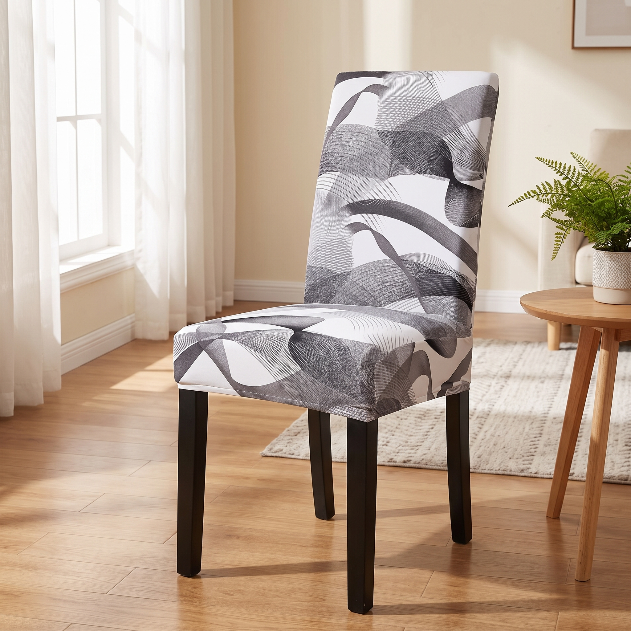 Stretch Dining Chair Cover – Grey White Abstract Swirl Print shown in a styled home interior | Brivenzo