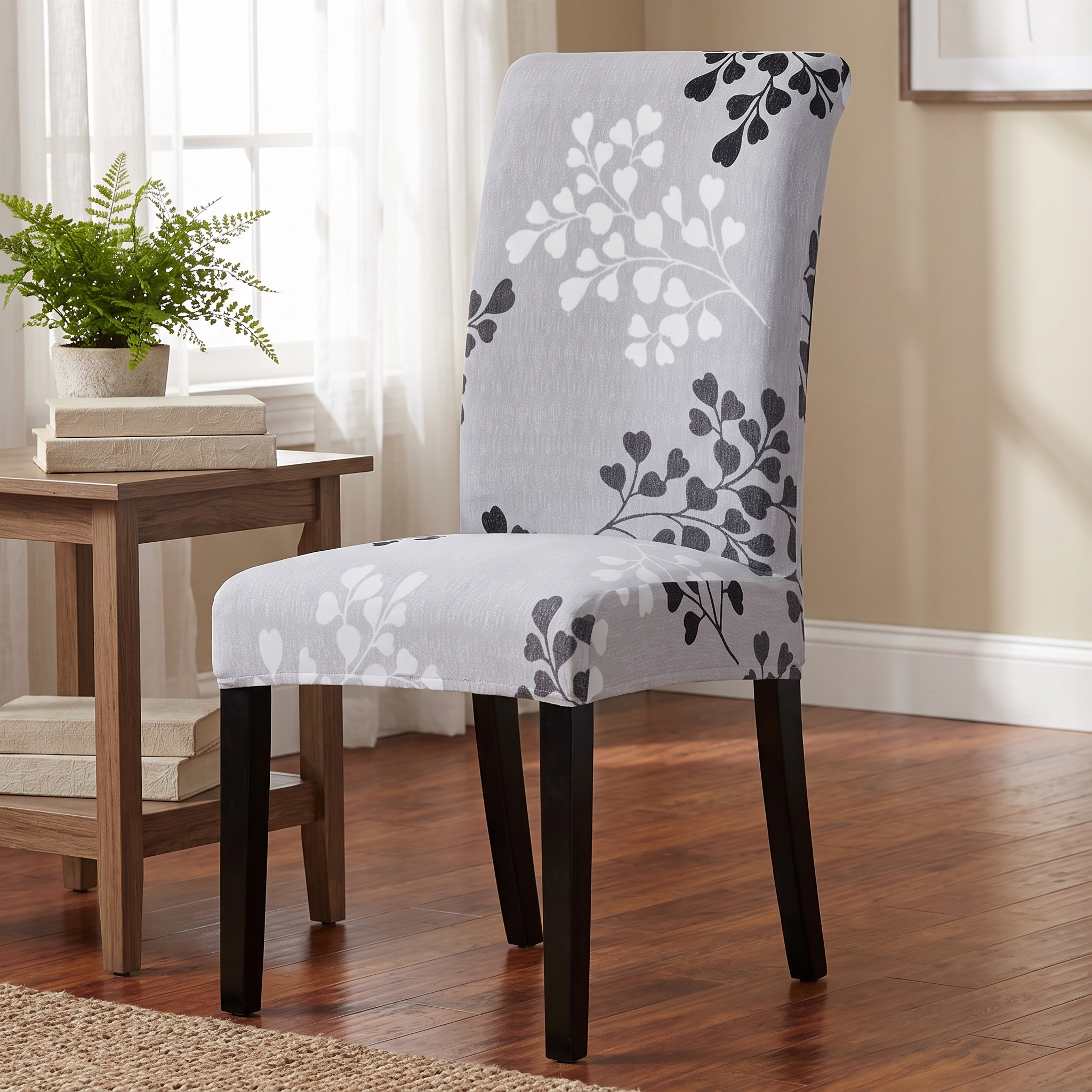Stretch Dining Chair Cover – Grey White Floral Branch Print shown in a styled home interior | Brivenzo
