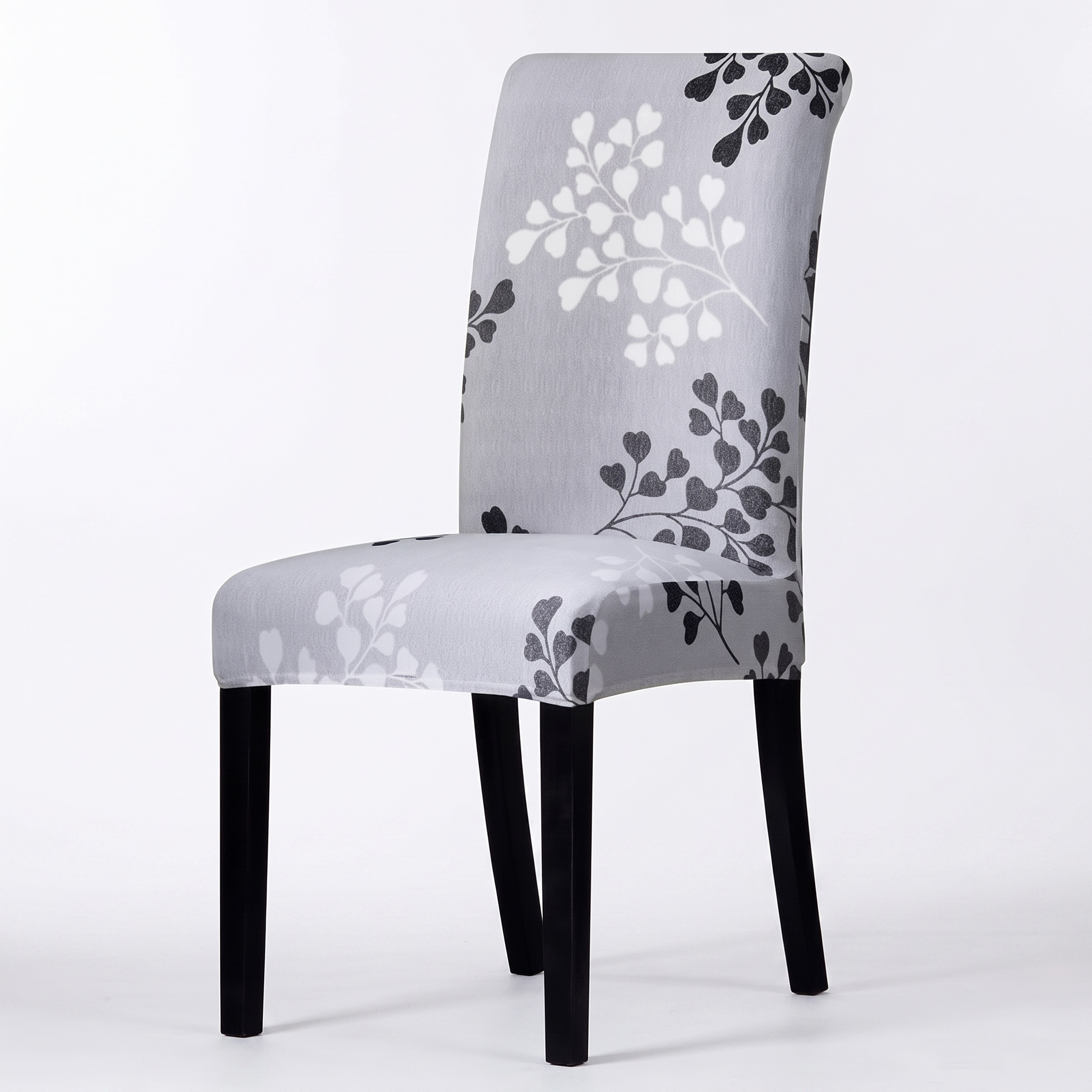 Stretch Dining Chair Cover Grey White Floral Branch Print