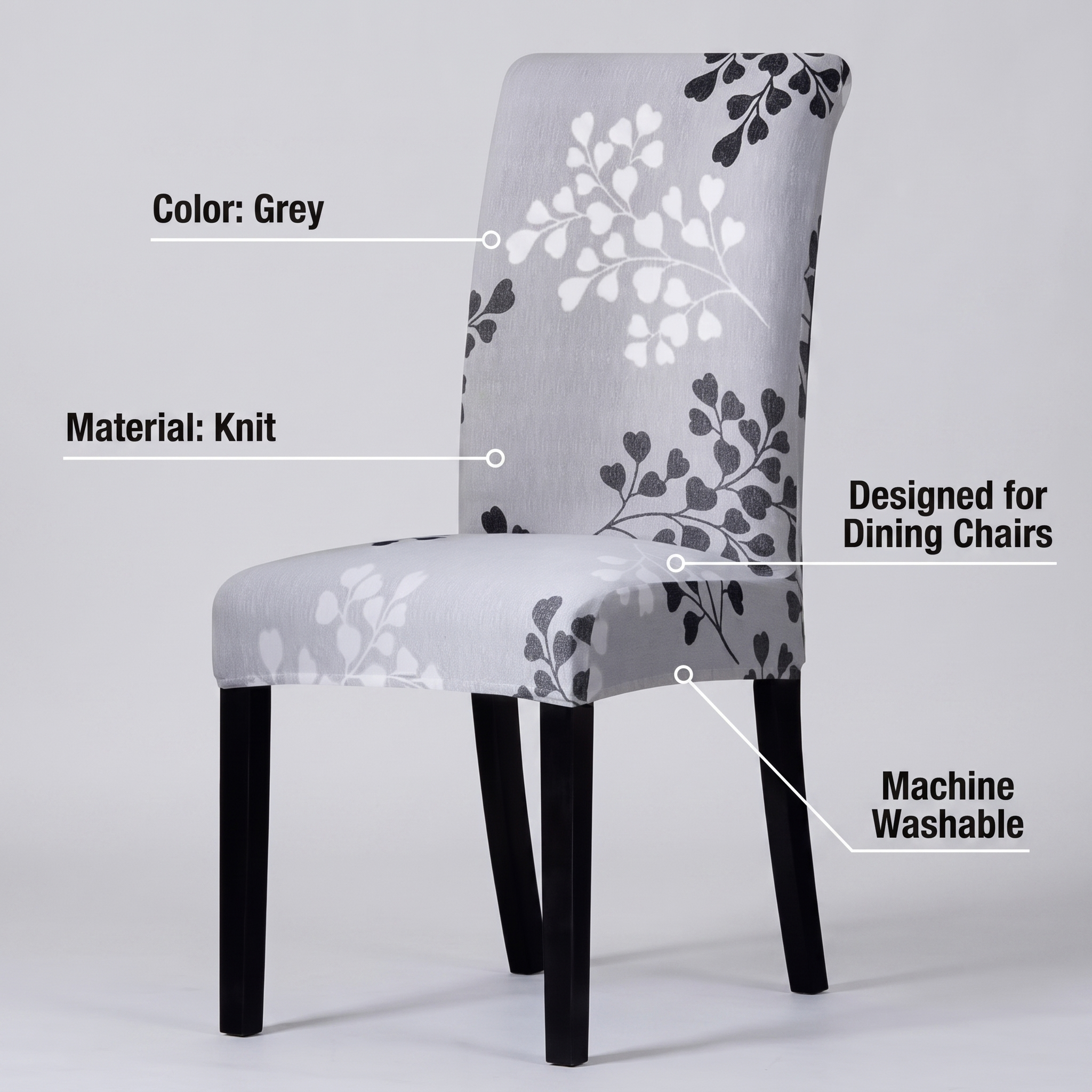 Stretch Dining Chair Cover – Grey White Floral Branch Print – features and specifications overview | Brivenzo