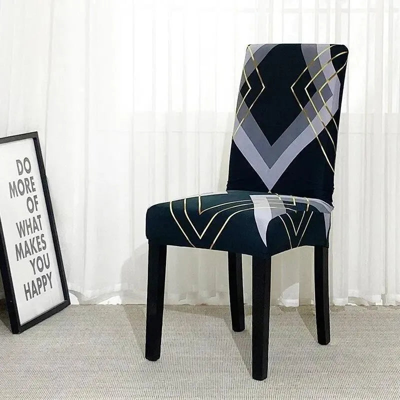 Stretch Dining Chair Cover – Navy Grey Gold Geometric Print – product view 4 | Brivenzo