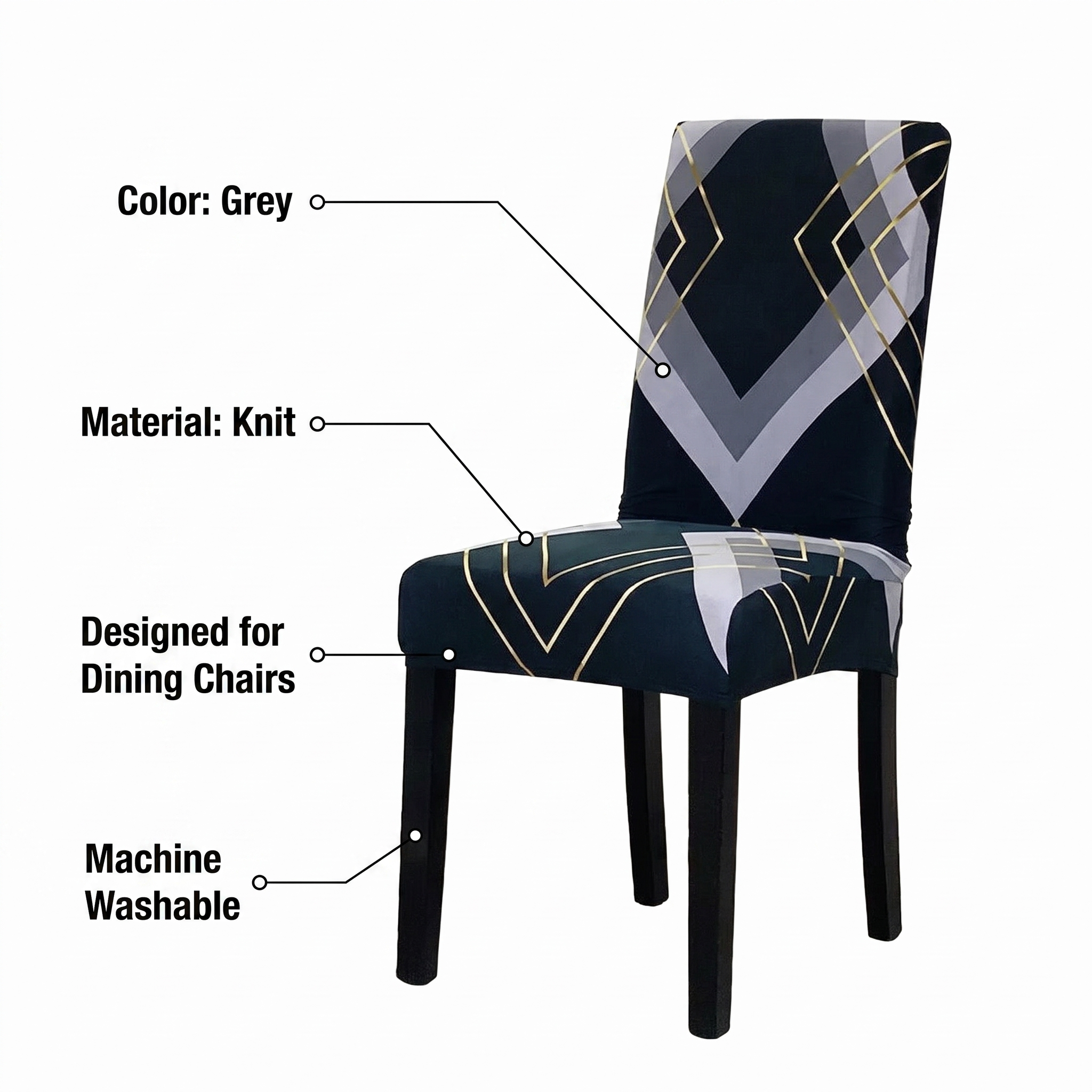 Stretch Dining Chair Cover – Navy Grey Gold Geometric Print – features and specifications overview | Brivenzo