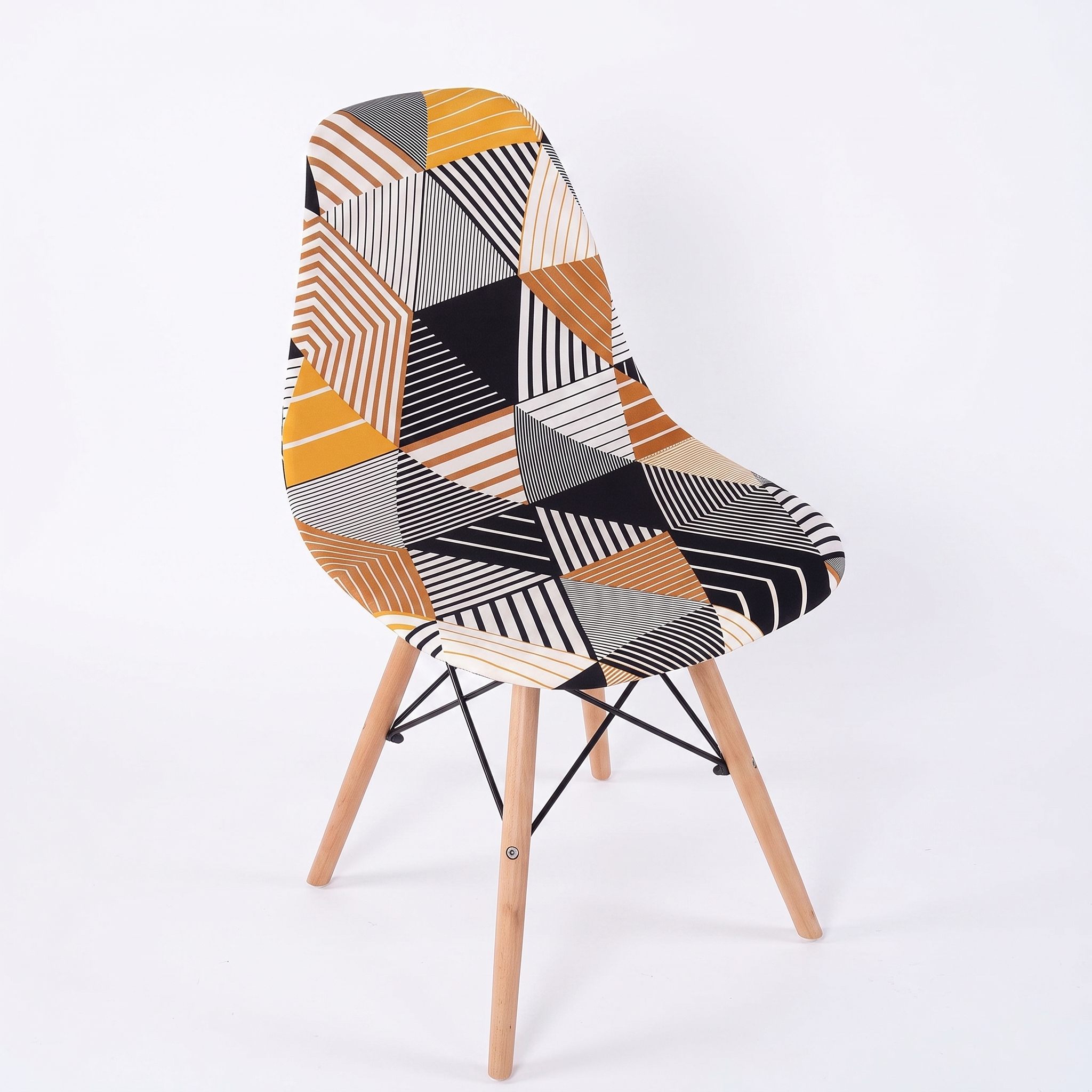 Stretch Dining Chair Cover – Orange Black Geometric Stripe Print – product photo on a white background | Brivenzo