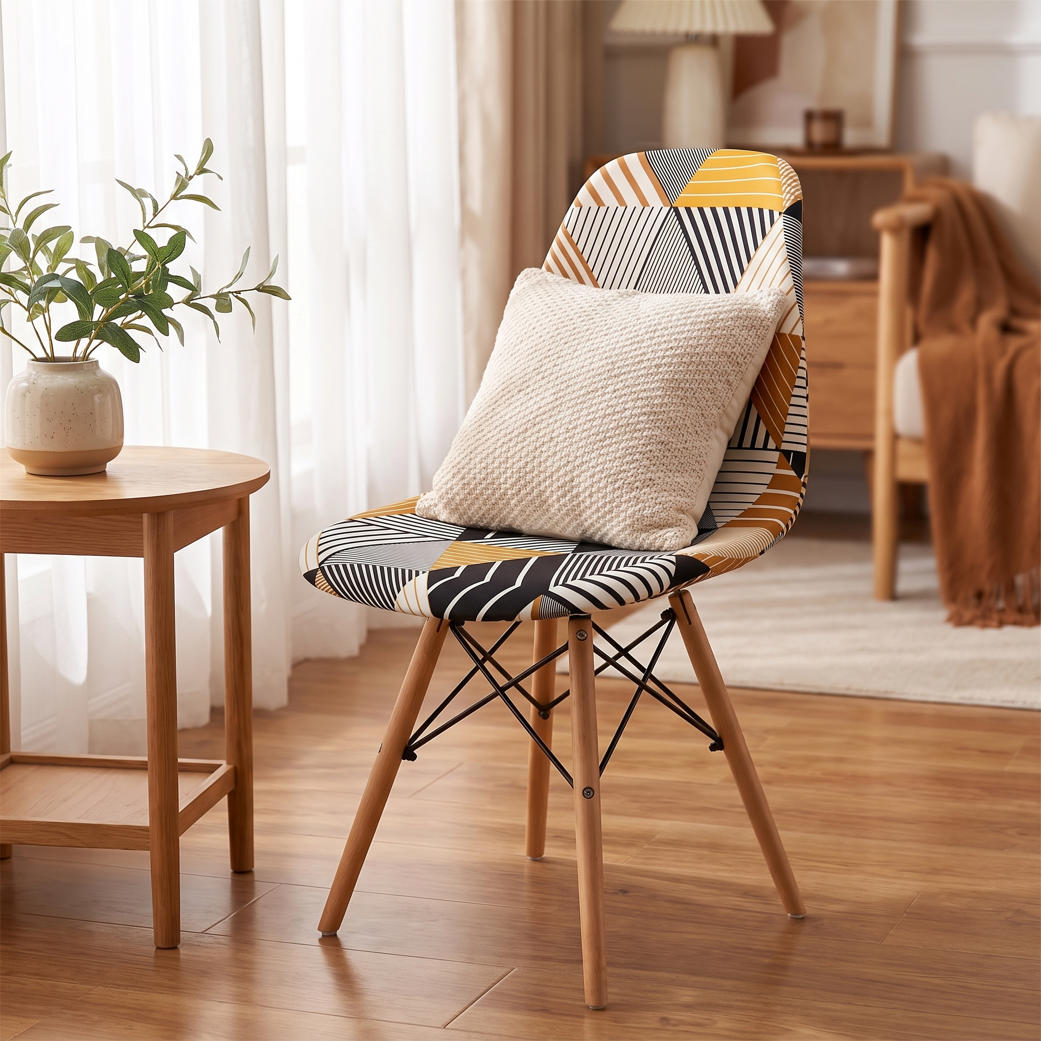 Stretch Dining Chair Cover – Orange Black Geometric Stripe Print shown in a styled home interior | Brivenzo