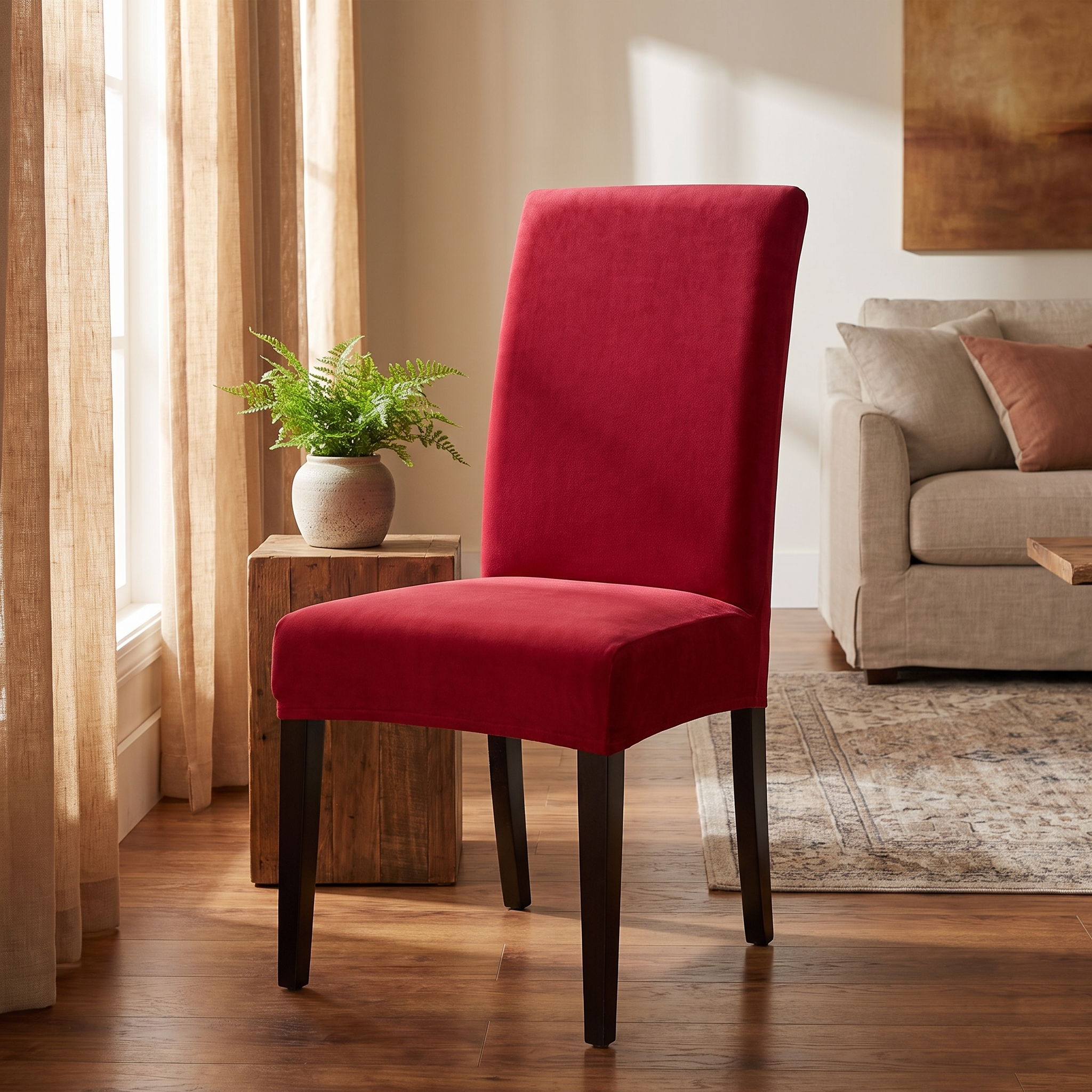 Red stretch dining chair cover in living room