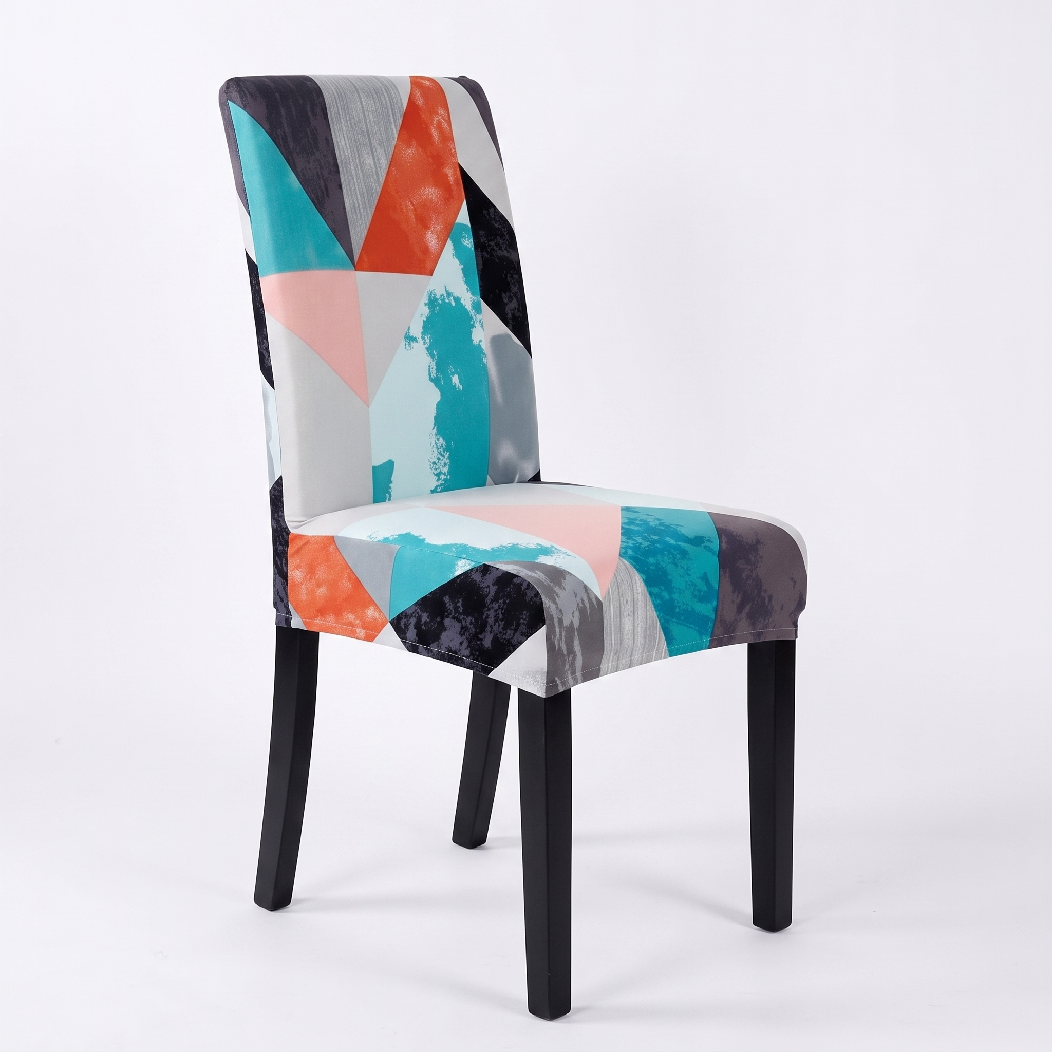 Stretch Dining Chair Cover – Teal Coral Geometric Print – product photo on a white background | Brivenzo