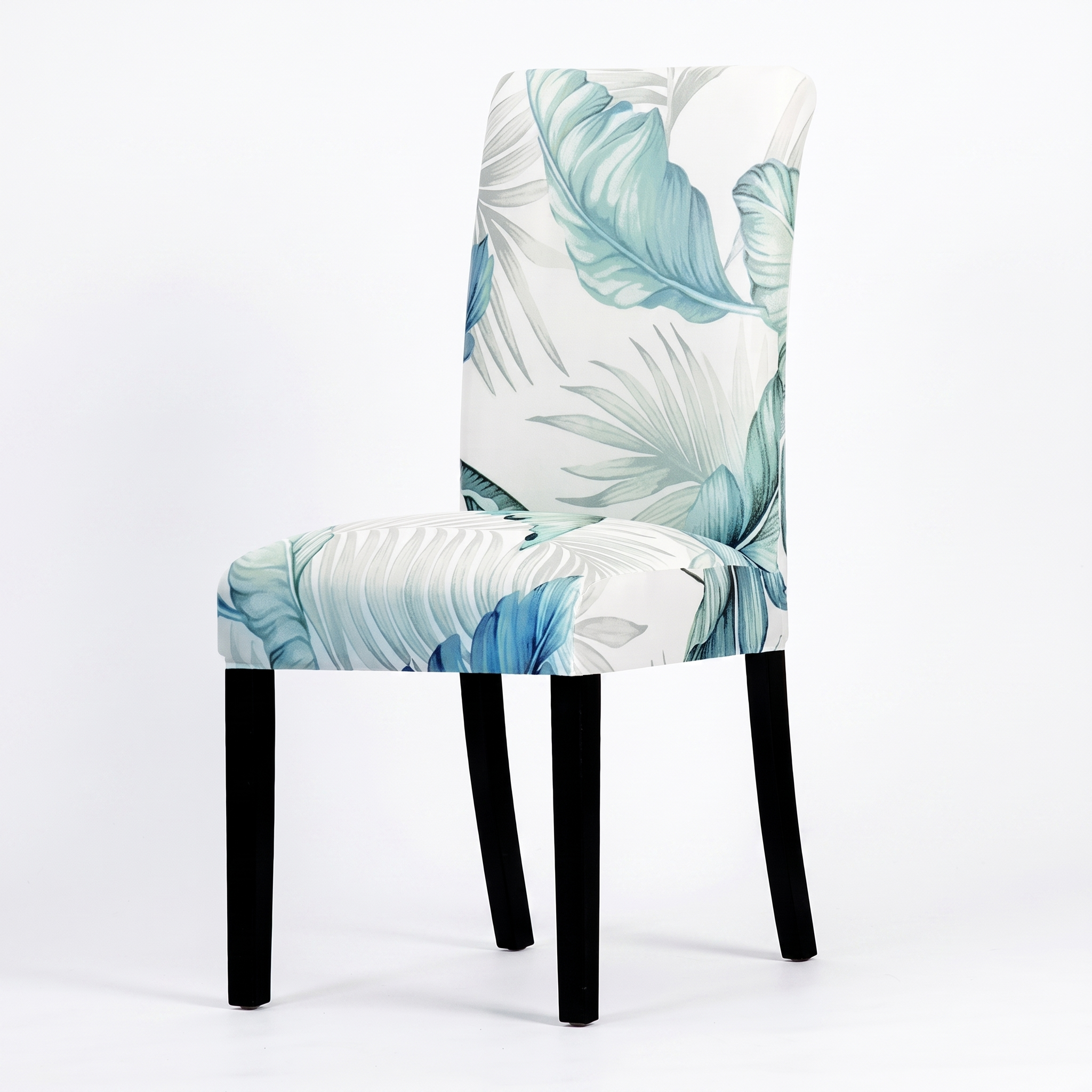 Stretch Dining Chair Cover – Teal Green Tropical Palm Leaf Print – product photo on a white background | Brivenzo