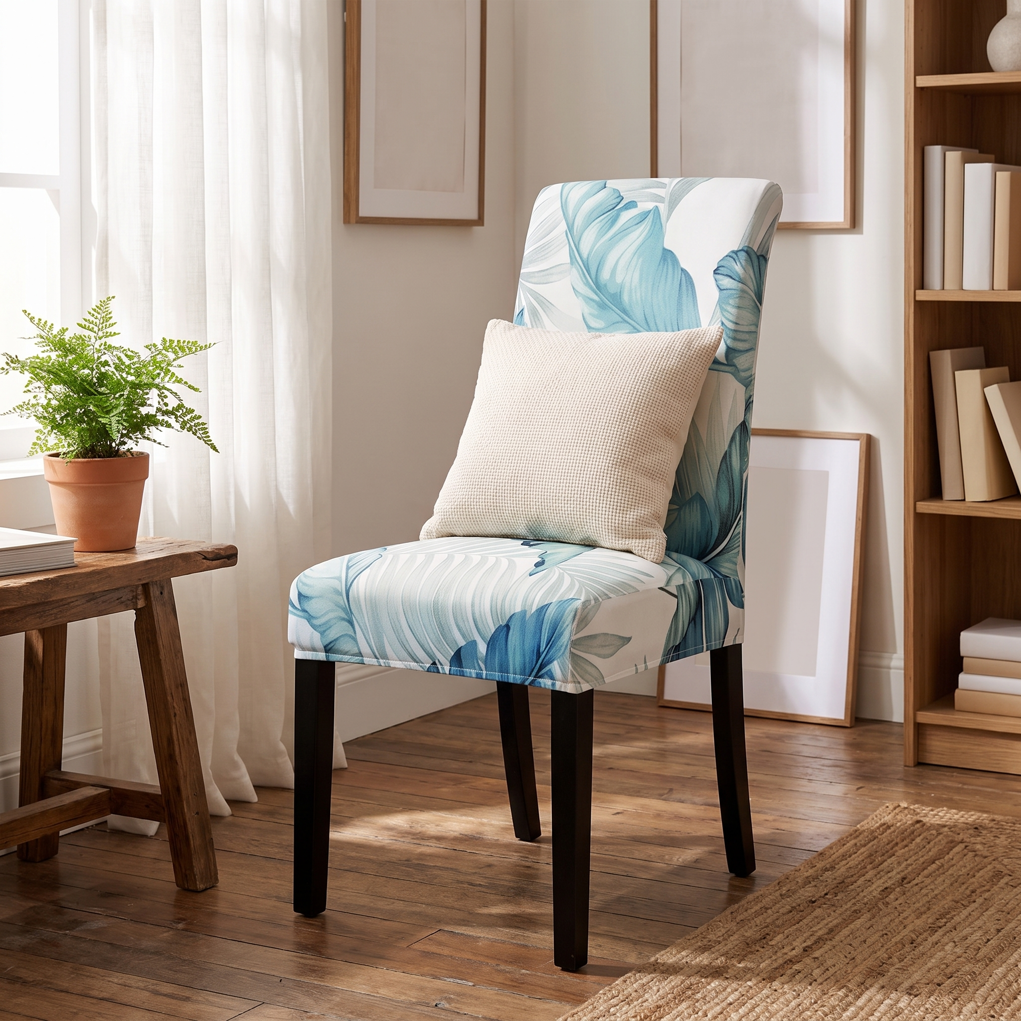 Stretch Dining Chair Cover – Teal Green Tropical Palm Leaf Print shown in a styled home interior | Brivenzo