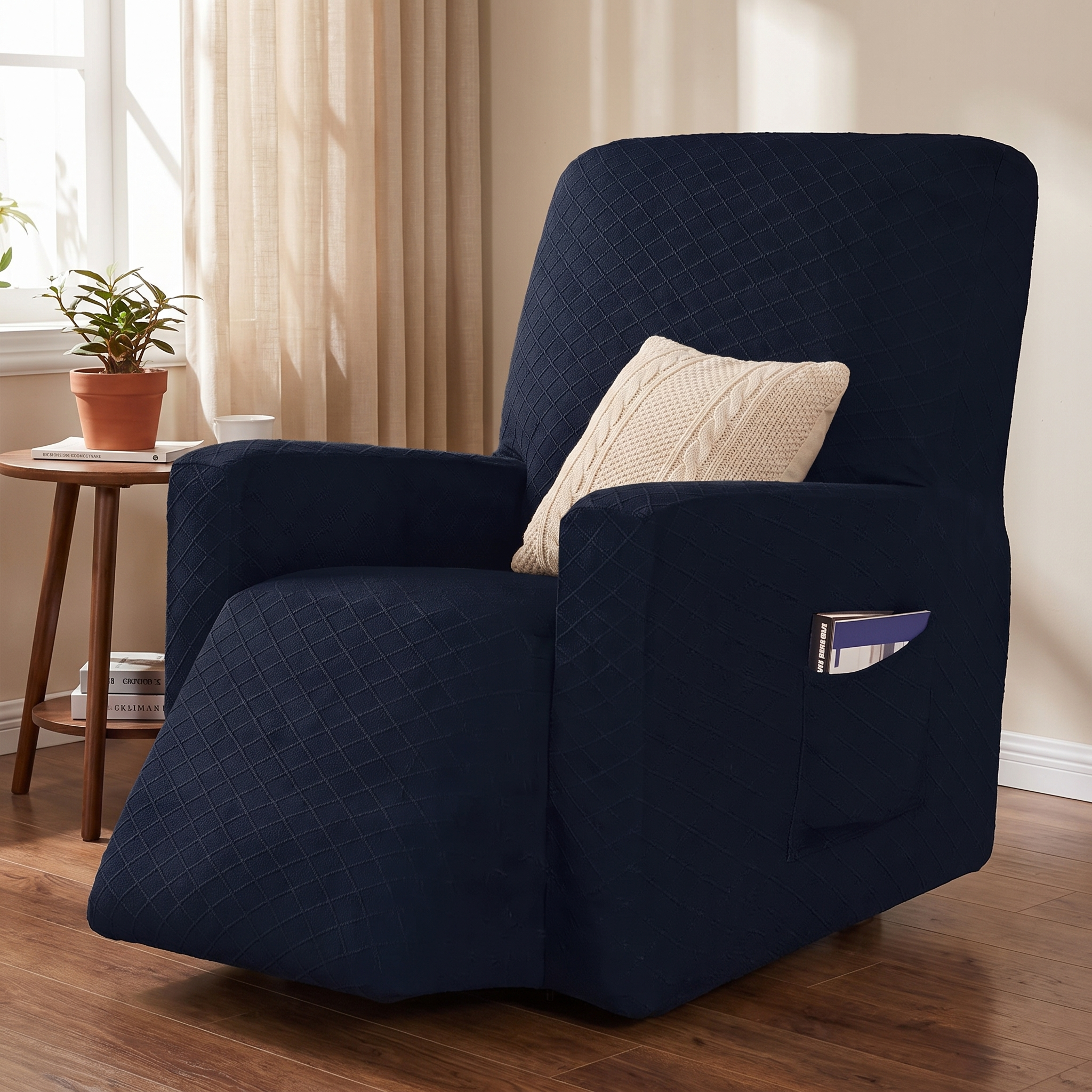 Stretch Recliner Chair Cover – Blue shown in a styled home interior | Brivenzo