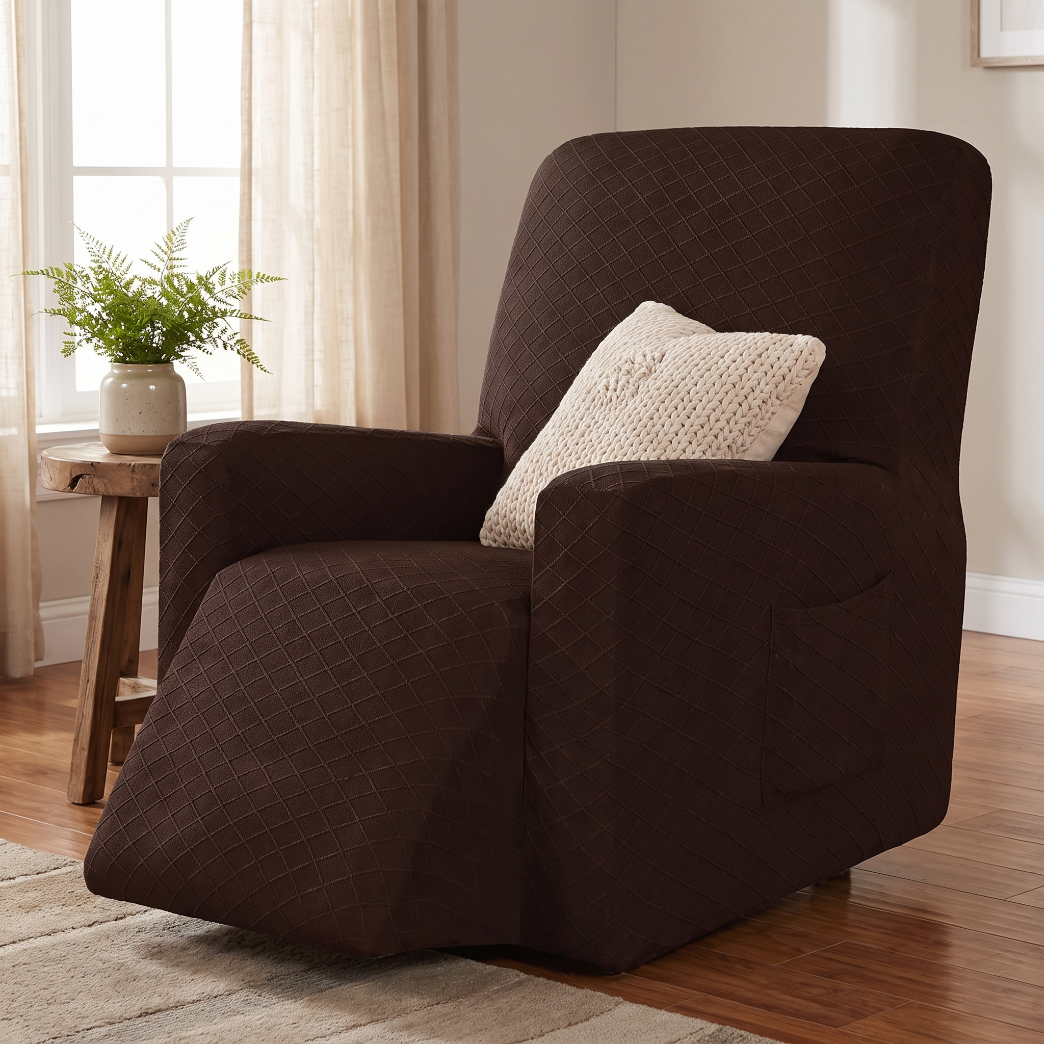 Stretch Recliner Chair Cover – Brown shown in a styled home interior | Brivenzo