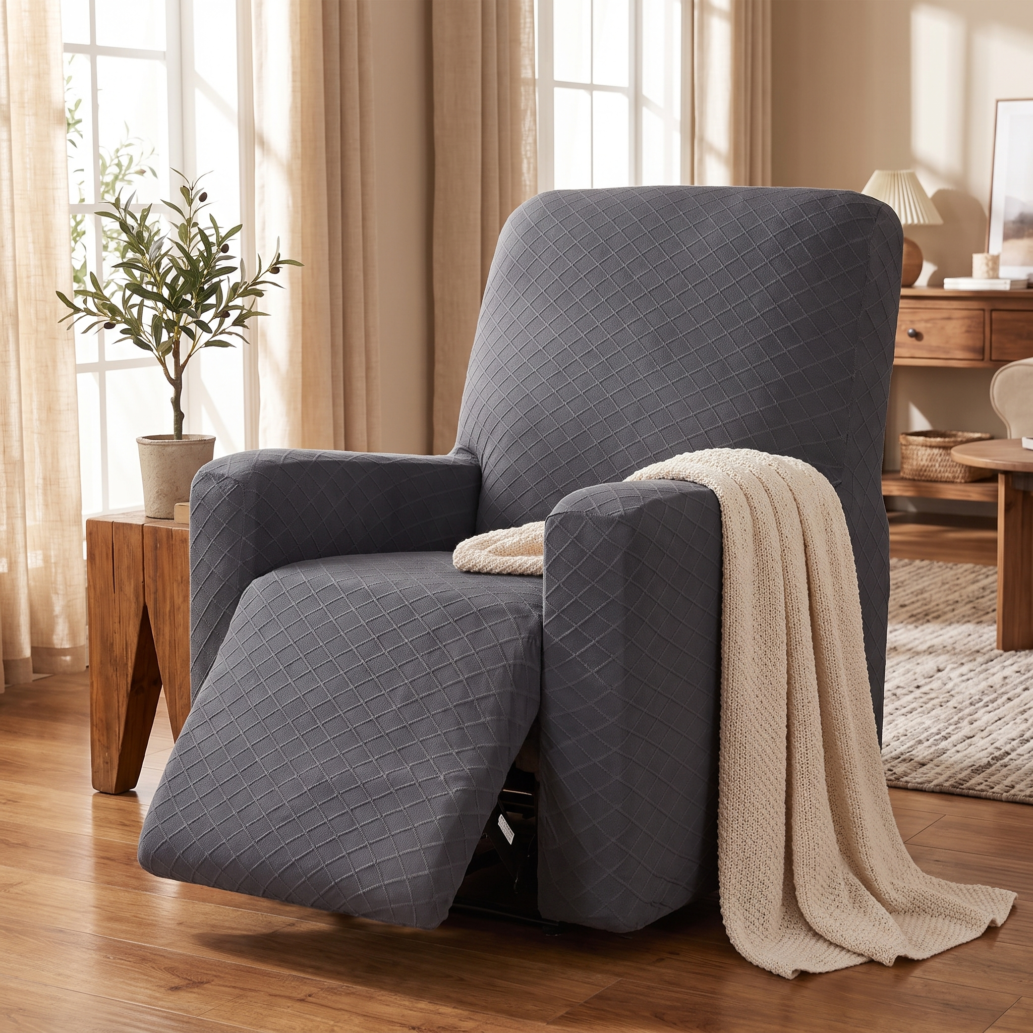 Stretch Recliner Chair Cover – Grey shown in a styled home interior | Brivenzo