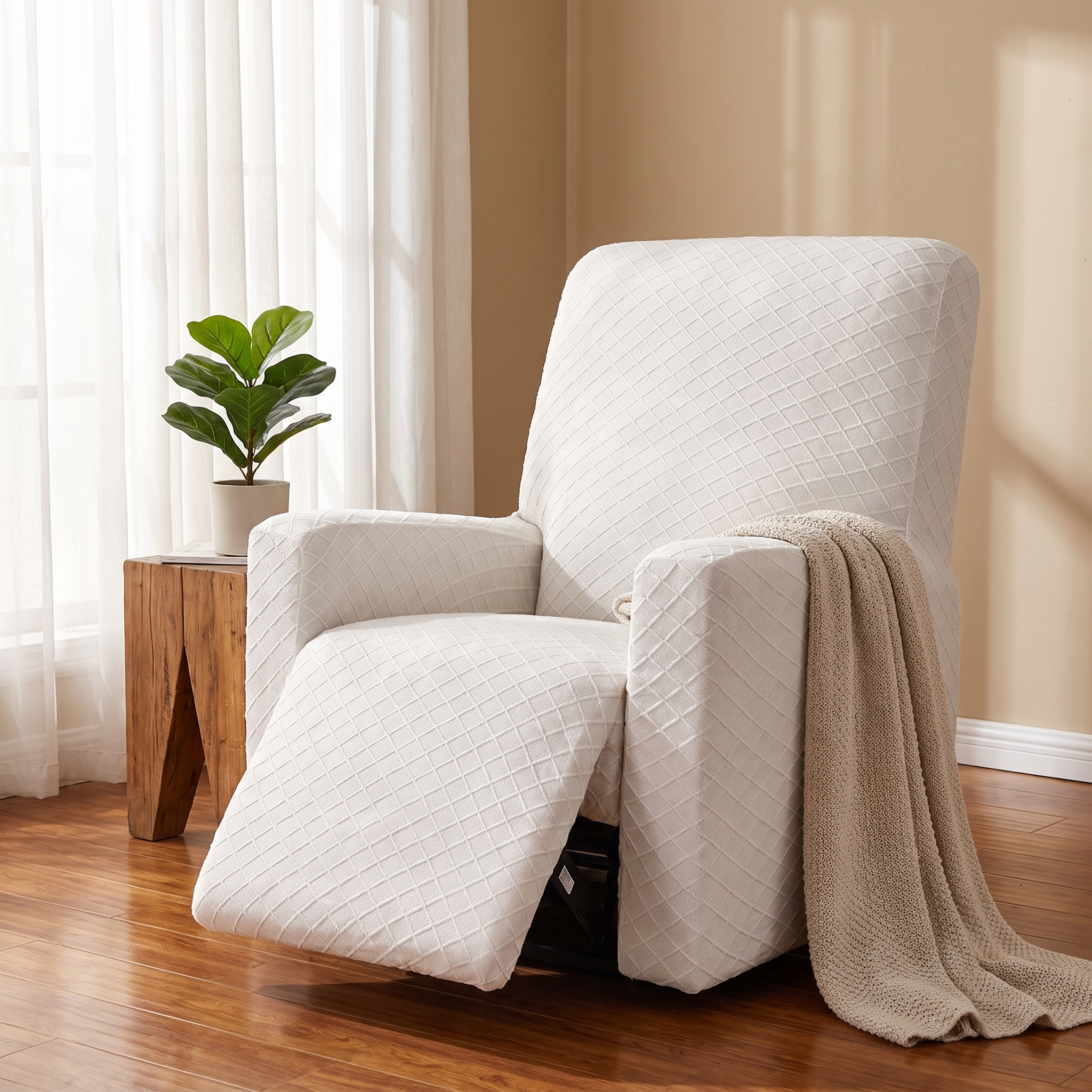 Stretch Recliner Chair Cover – White shown in a styled home interior | Brivenzo