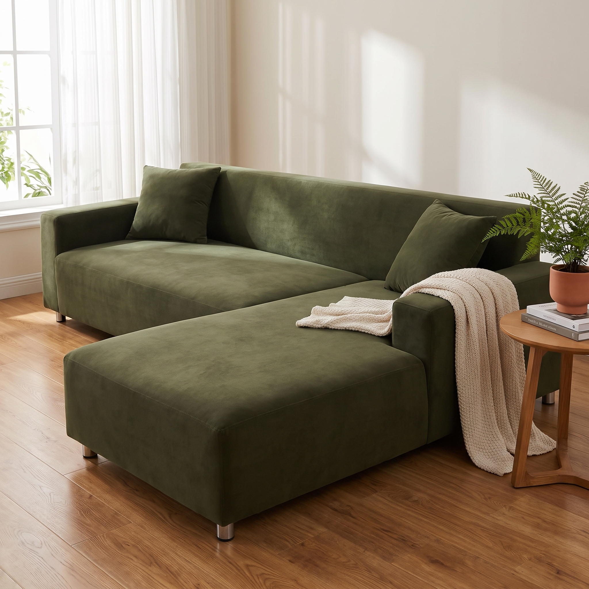 Stretch Sectional Couch Cover – Army Green shown in a styled home interior | Brivenzo