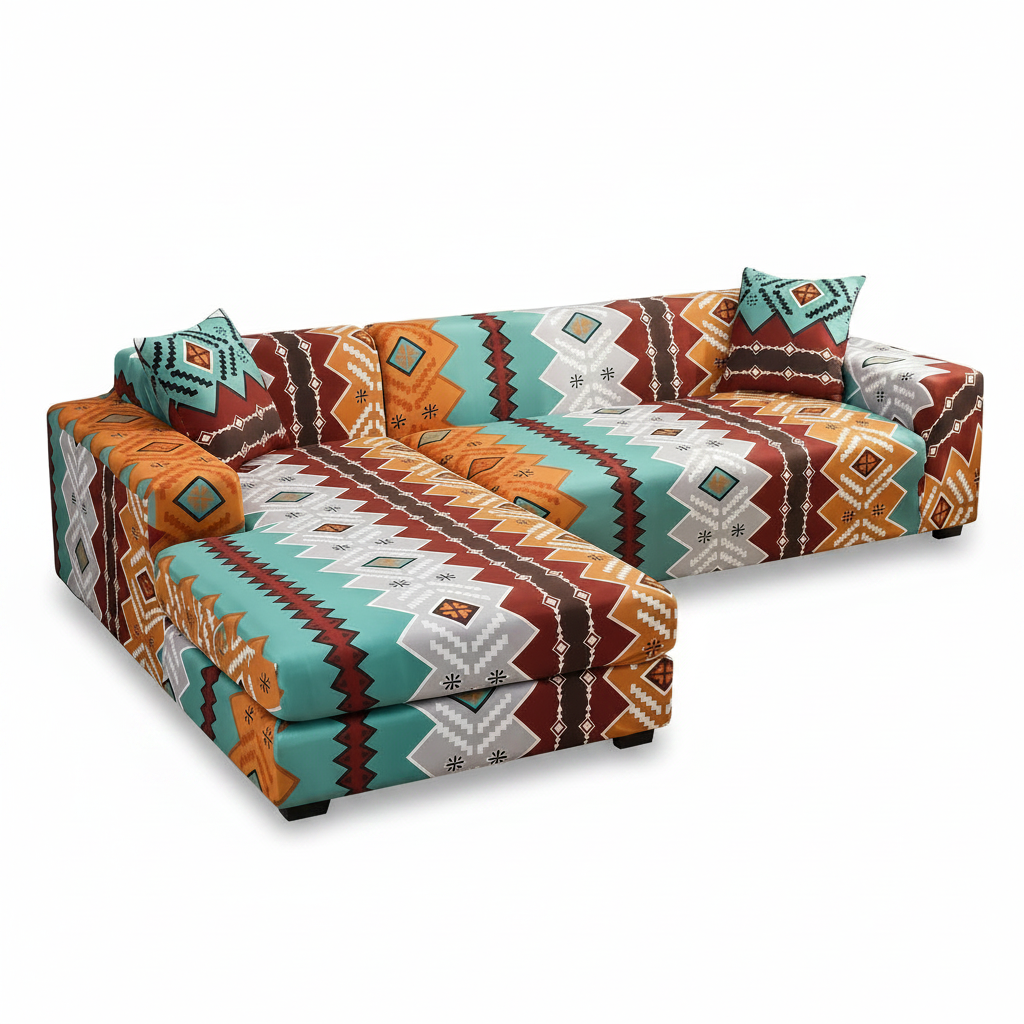 Stretch Sectional Couch Cover – Aztec Tribal Print – product photo on a white background | Brivenzo